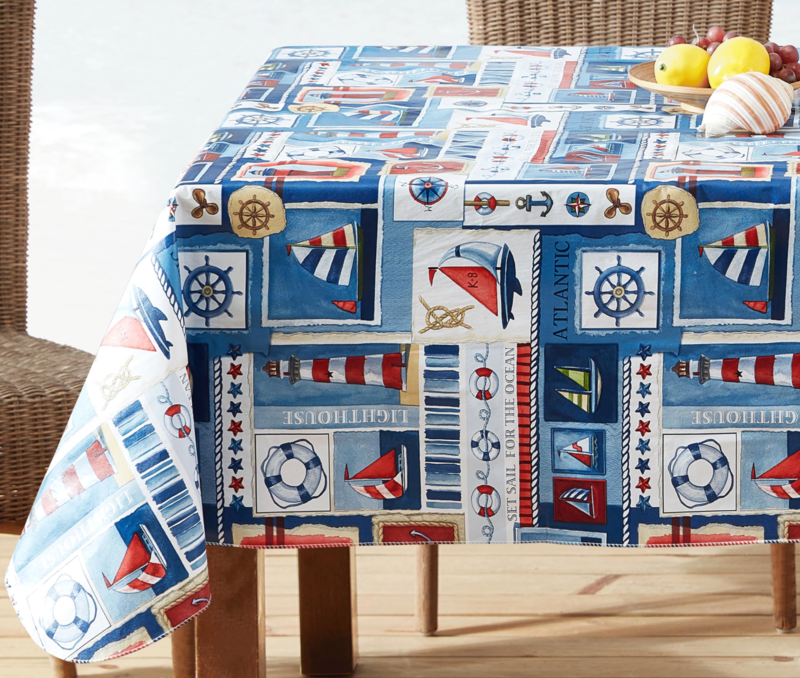 Newbridge Blue Nautical Sailboats and Lighthouses 52 x 70 Inch Rectangle Vinyl Flannel Backed Tablecloth, Patchwork Indoor Outdoor Holiday Dining Vinyl Flannel Backed Table Cover - Image 7
