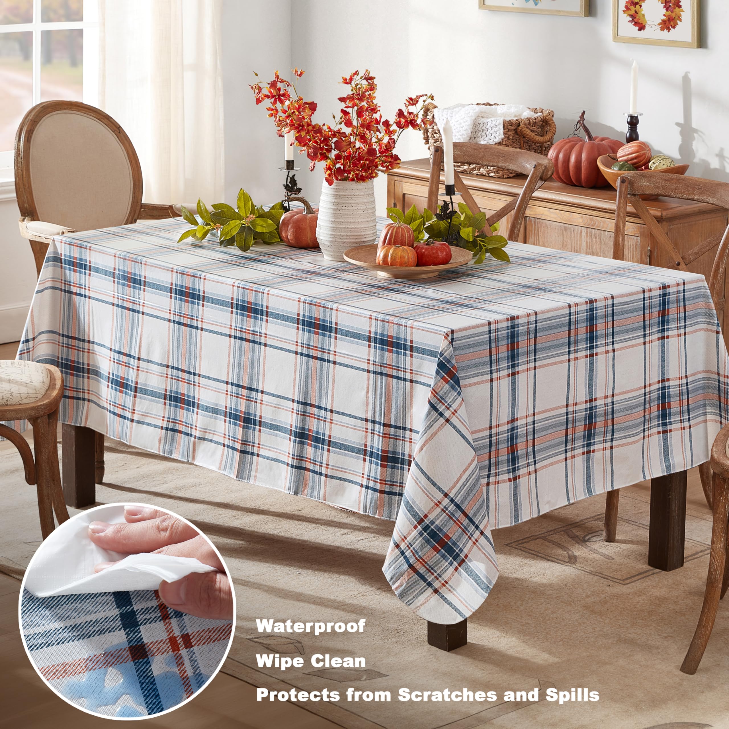 Newbridge Blue Rustic Mountain Plaid Vinyl Tablecloth with Flannel Backing, 52 x 52 Inch Square – Stonewashed Blue & Rust Country Plaid Easy Care Dining Table Cover - Image 3