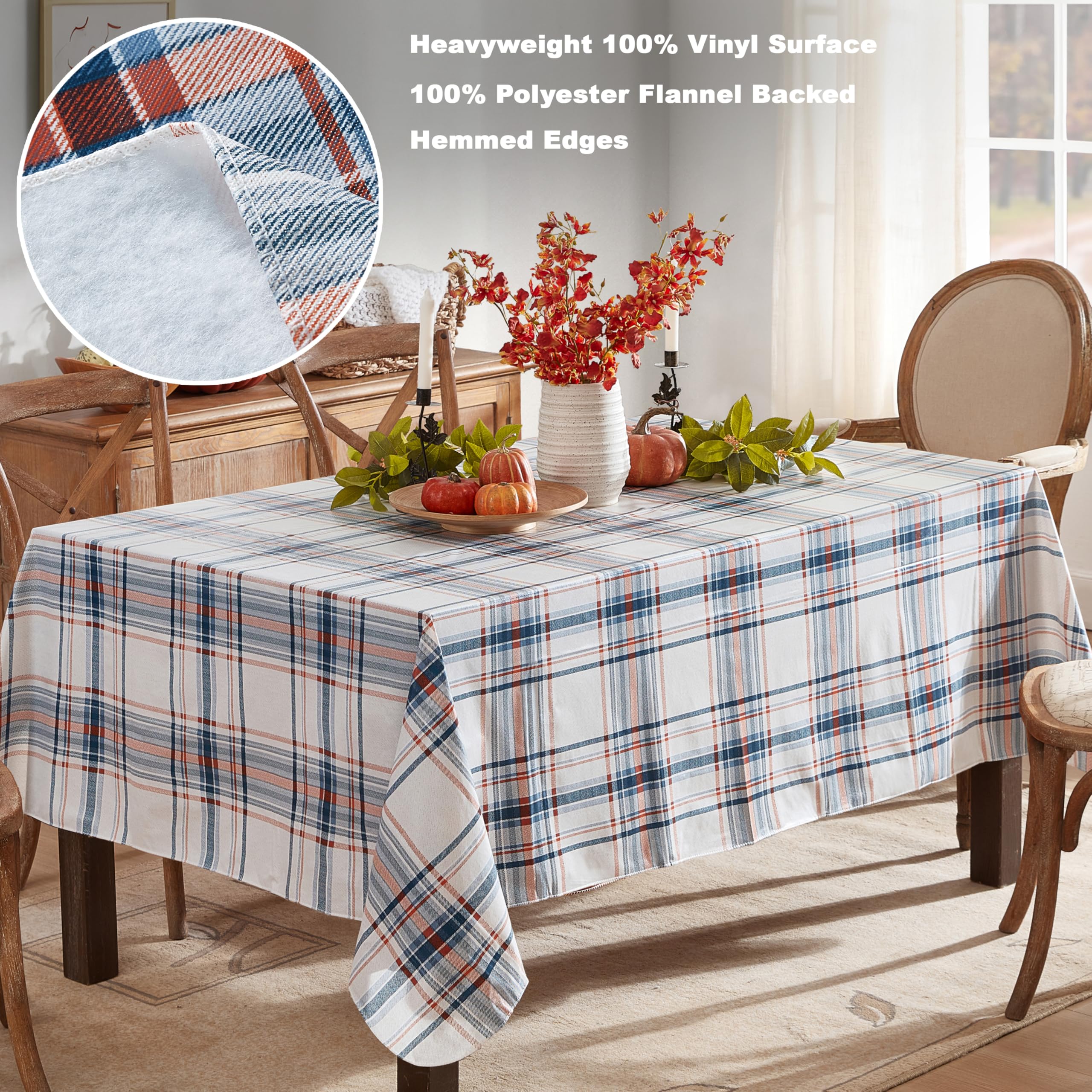 Newbridge Blue Rustic Mountain Plaid Vinyl Tablecloth with Flannel Backing, 52 x 52 Inch Square – Stonewashed Blue & Rust Country Plaid Easy Care Dining Table Cover - Image 4