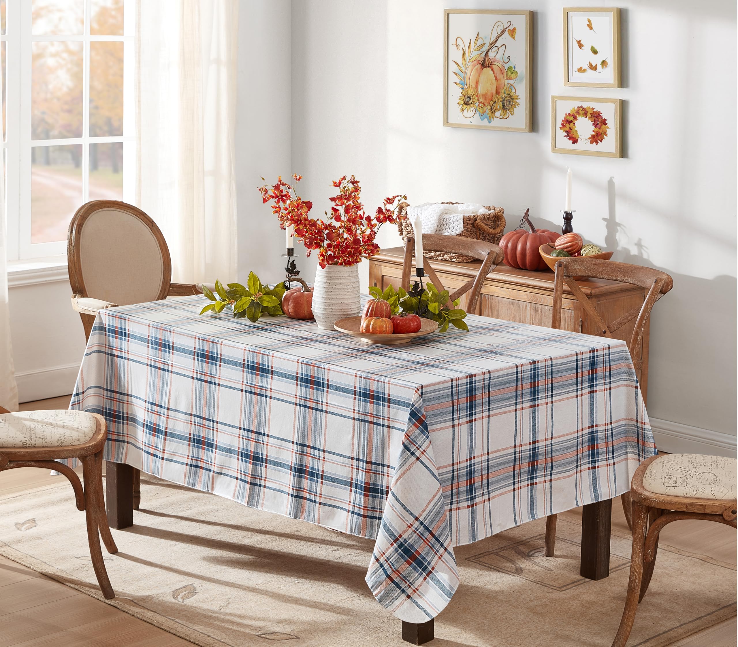 Newbridge Blue Rustic Mountain Plaid Vinyl Tablecloth with Flannel Backing, 52 x 52 Inch Square – Stonewashed Blue & Rust Country Plaid Easy Care Dining Table Cover - Image 5