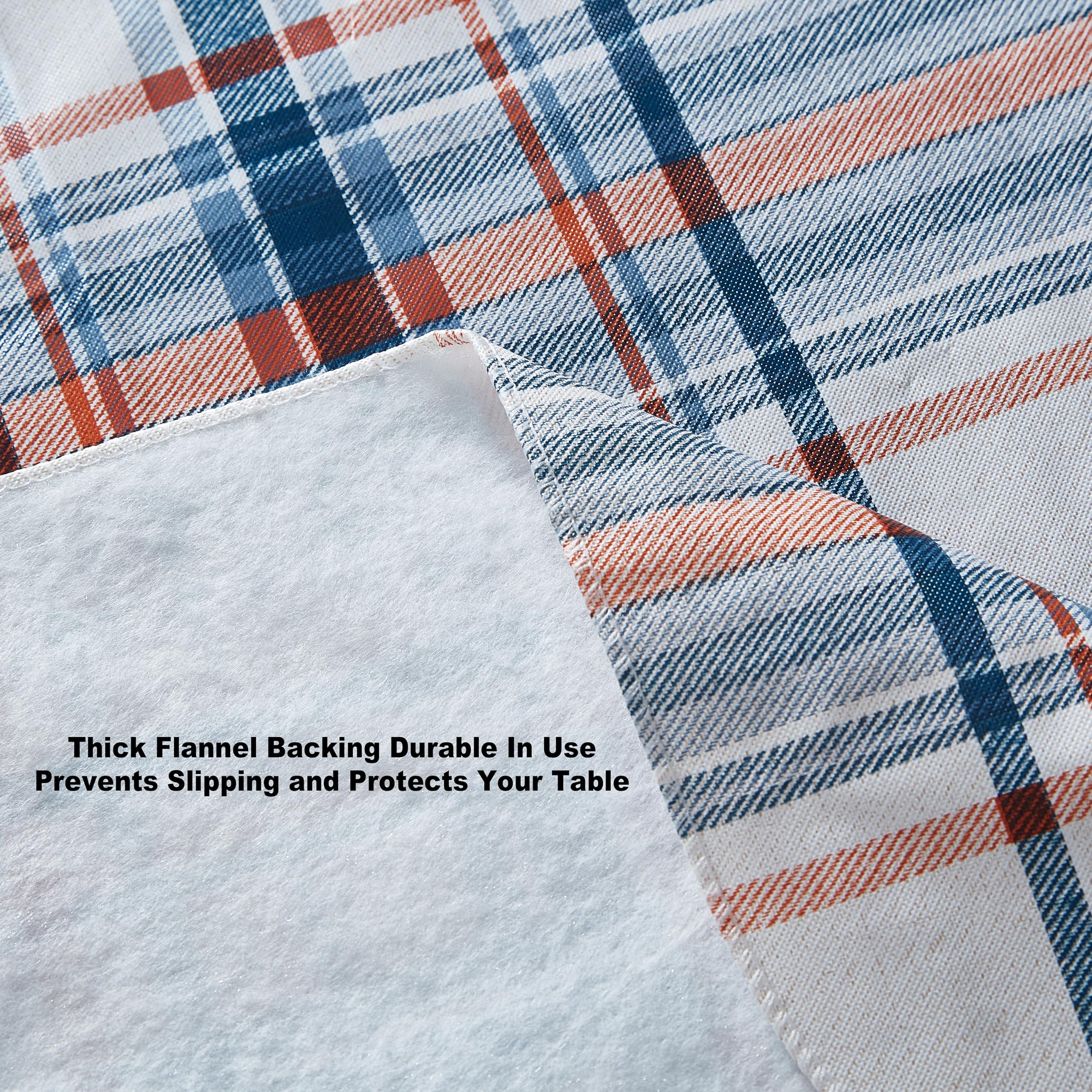 Newbridge Blue Rustic Mountain Plaid Vinyl Tablecloth with Flannel Backing, 52 x 52 Inch Square – Stonewashed Blue & Rust Country Plaid Easy Care Dining Table Cover - Image 6