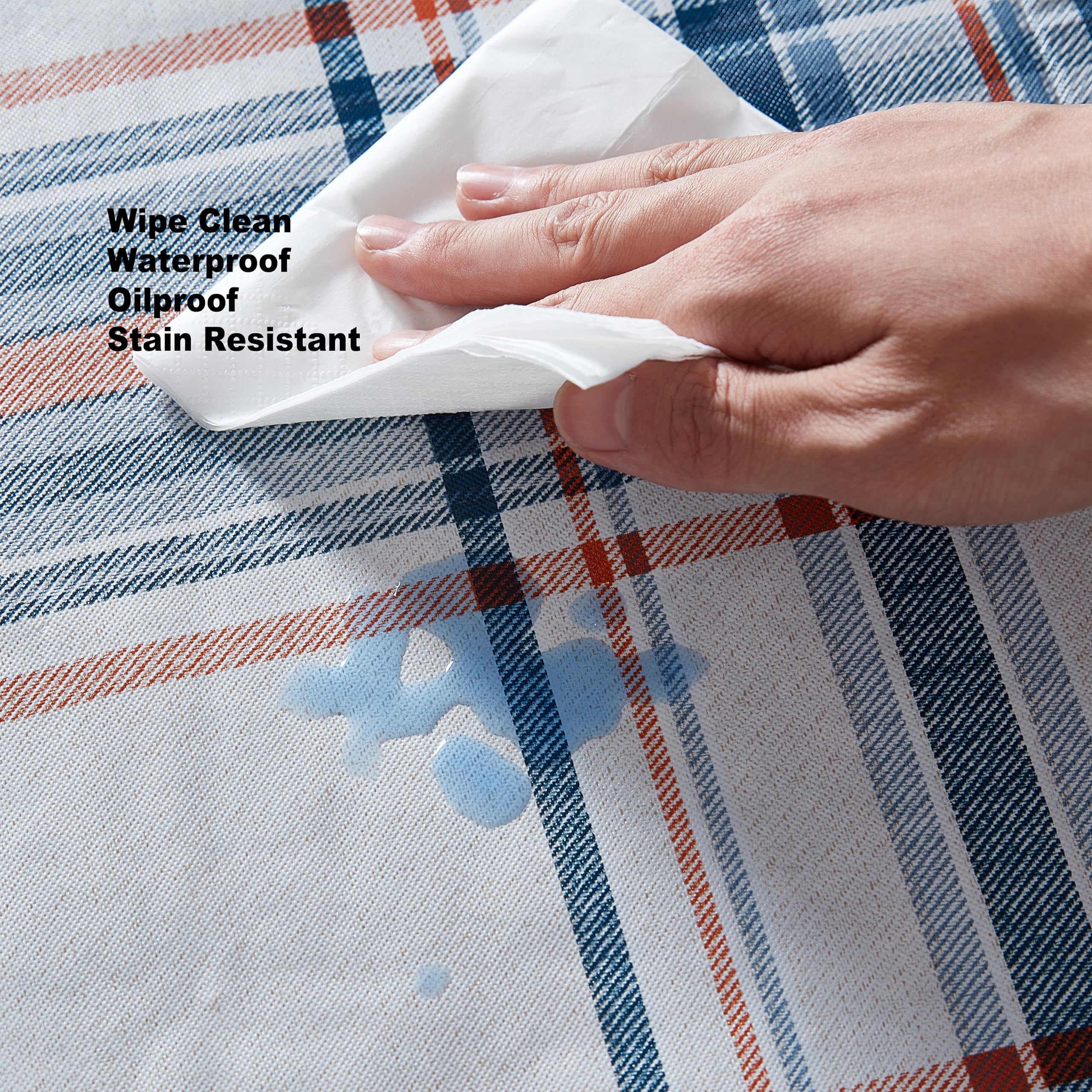 Newbridge Blue Rustic Mountain Plaid Vinyl Tablecloth with Flannel Backing, 52 x 52 Inch Square – Stonewashed Blue & Rust Country Plaid Easy Care Dining Table Cover - Image 7