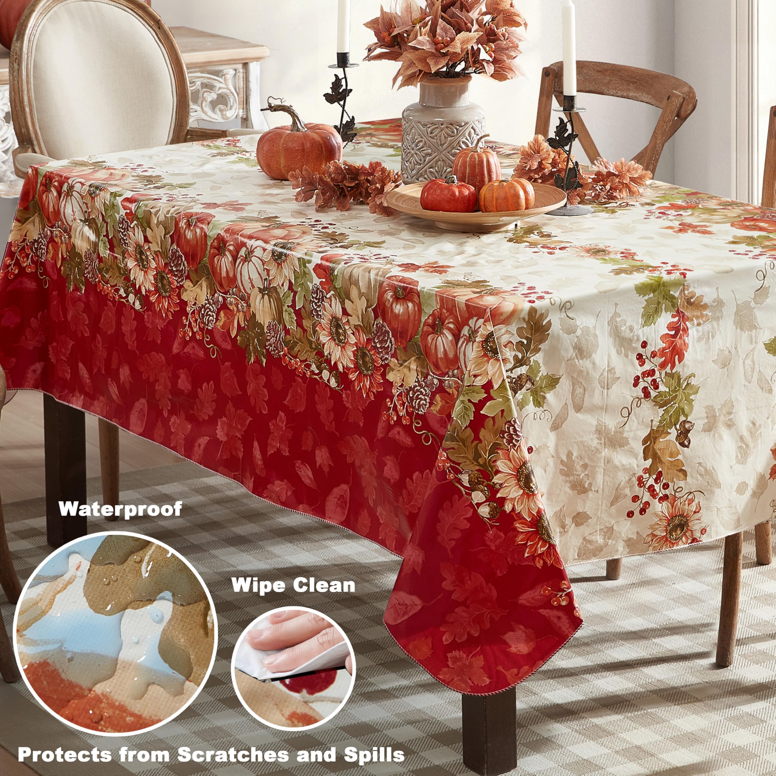 Newbridge Bountiful Fall Harvest Vinyl Flannel Backed Autumn Tablecloth – Pumpkin Sunflower Leaf Border Thanksgiving Country Cottage Easy Care, 52 x 52 Inch Square Table Cover - Image 3