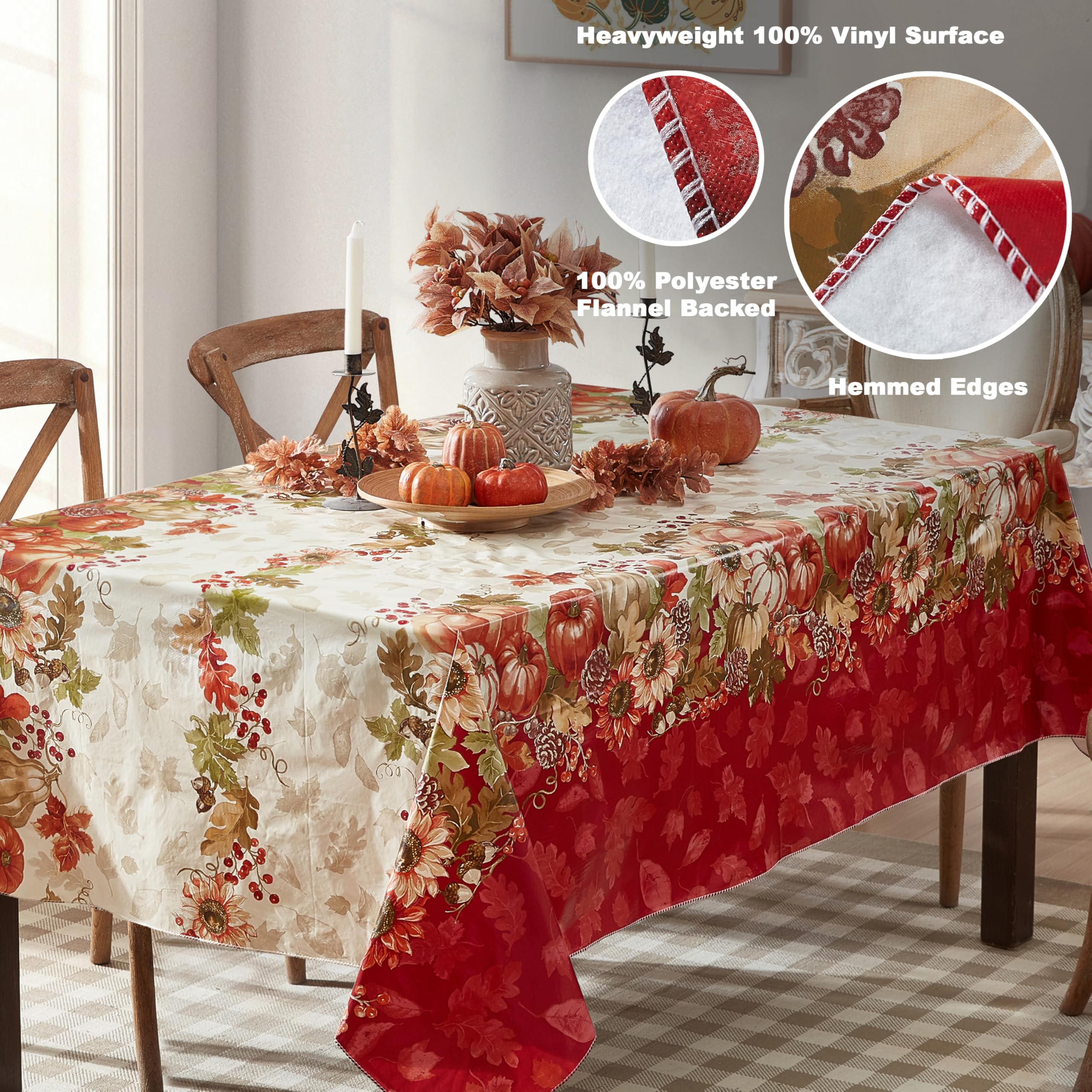 Newbridge Bountiful Fall Harvest Vinyl Flannel Backed Autumn Tablecloth – Pumpkin Sunflower Leaf Border Thanksgiving Country Cottage Easy Care, 52 x 52 Inch Square Table Cover - Image 4