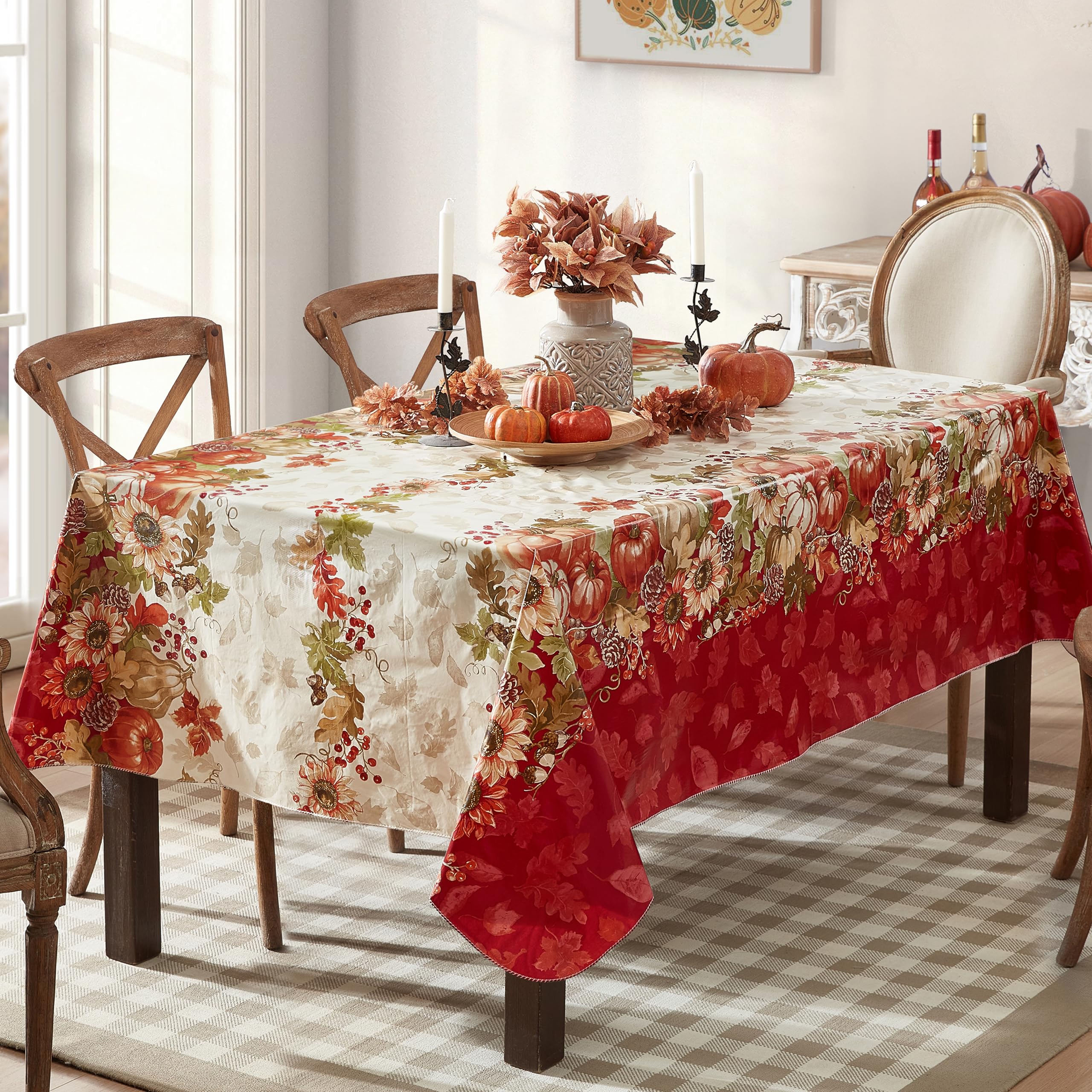 Newbridge Bountiful Fall Harvest Vinyl Flannel Backed Autumn Tablecloth – Pumpkin Sunflower Leaf Border Thanksgiving Country Cottage Easy Care, 52 x 52 Inch Square Table Cover - Image 8