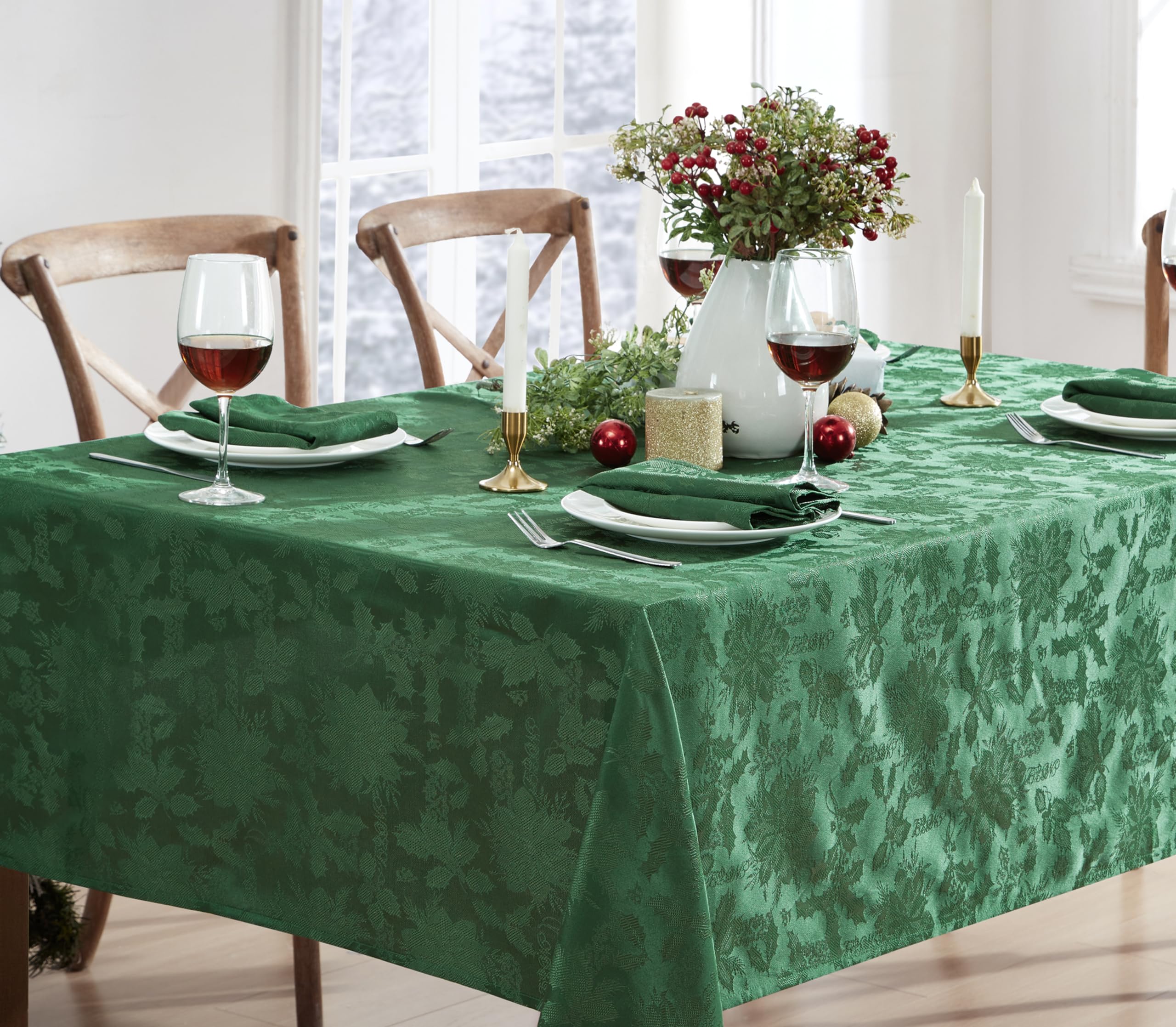 Newbridge Christmas Carol Holiday Noel Damask Fabric Tablecloth, 52 x 52 Inch Square, Hunter Green, Holly Leaf Poinsettia Weave, Wrinkle Free Soil Resistant Easy Care Table Cover - Image 3