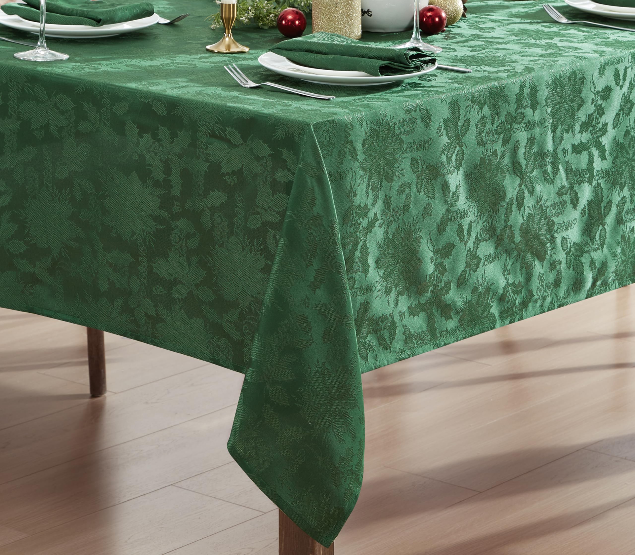 Newbridge Christmas Carol Holiday Noel Damask Fabric Tablecloth, 52 x 52 Inch Square, Hunter Green, Holly Leaf Poinsettia Weave, Wrinkle Free Soil Resistant Easy Care Table Cover - Image 5