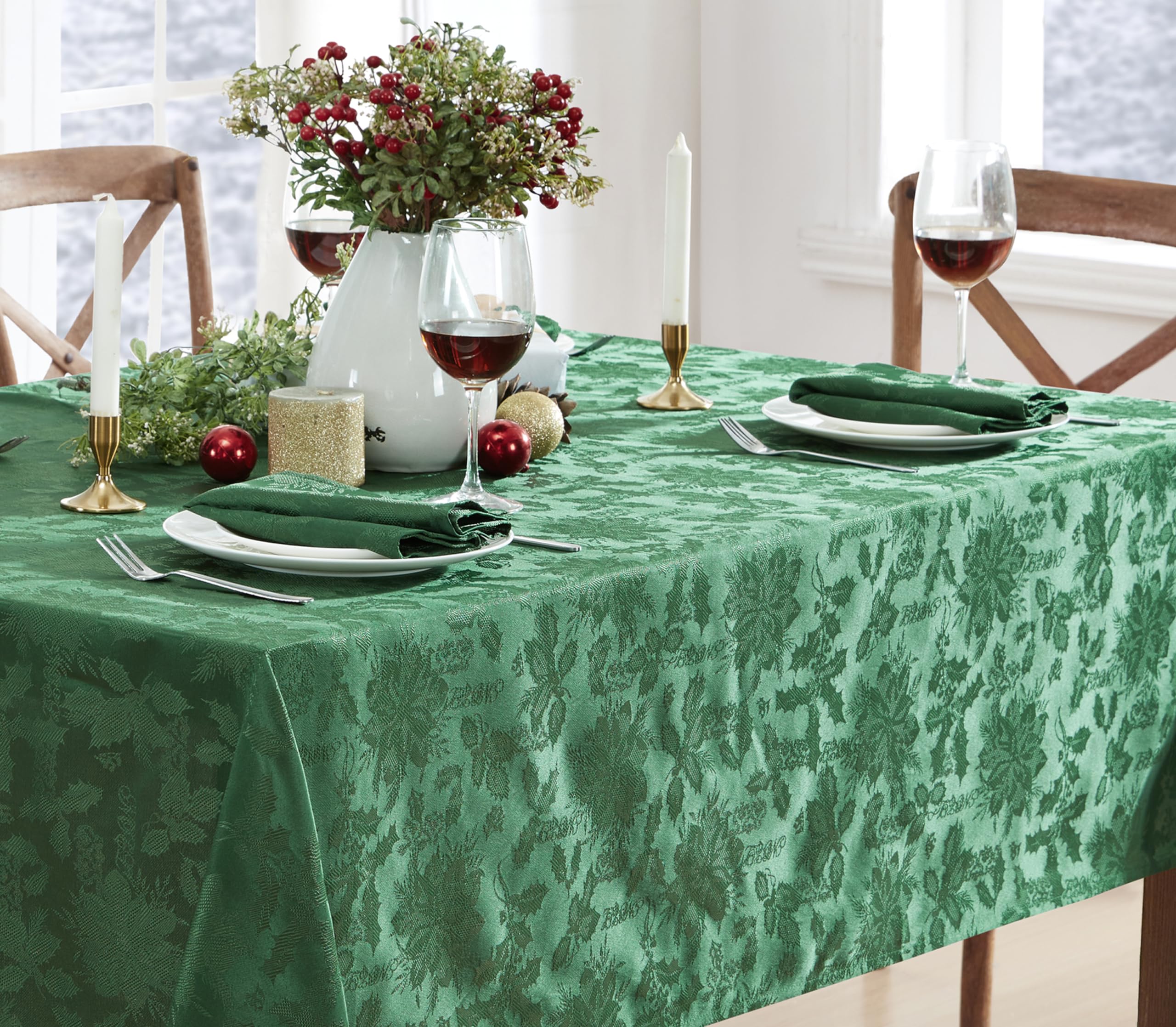 Newbridge Christmas Carol Holiday Noel Damask Fabric Tablecloth, 52 x 52 Inch Square, Hunter Green, Holly Leaf Poinsettia Weave, Wrinkle Free Soil Resistant Easy Care Table Cover - Image 6