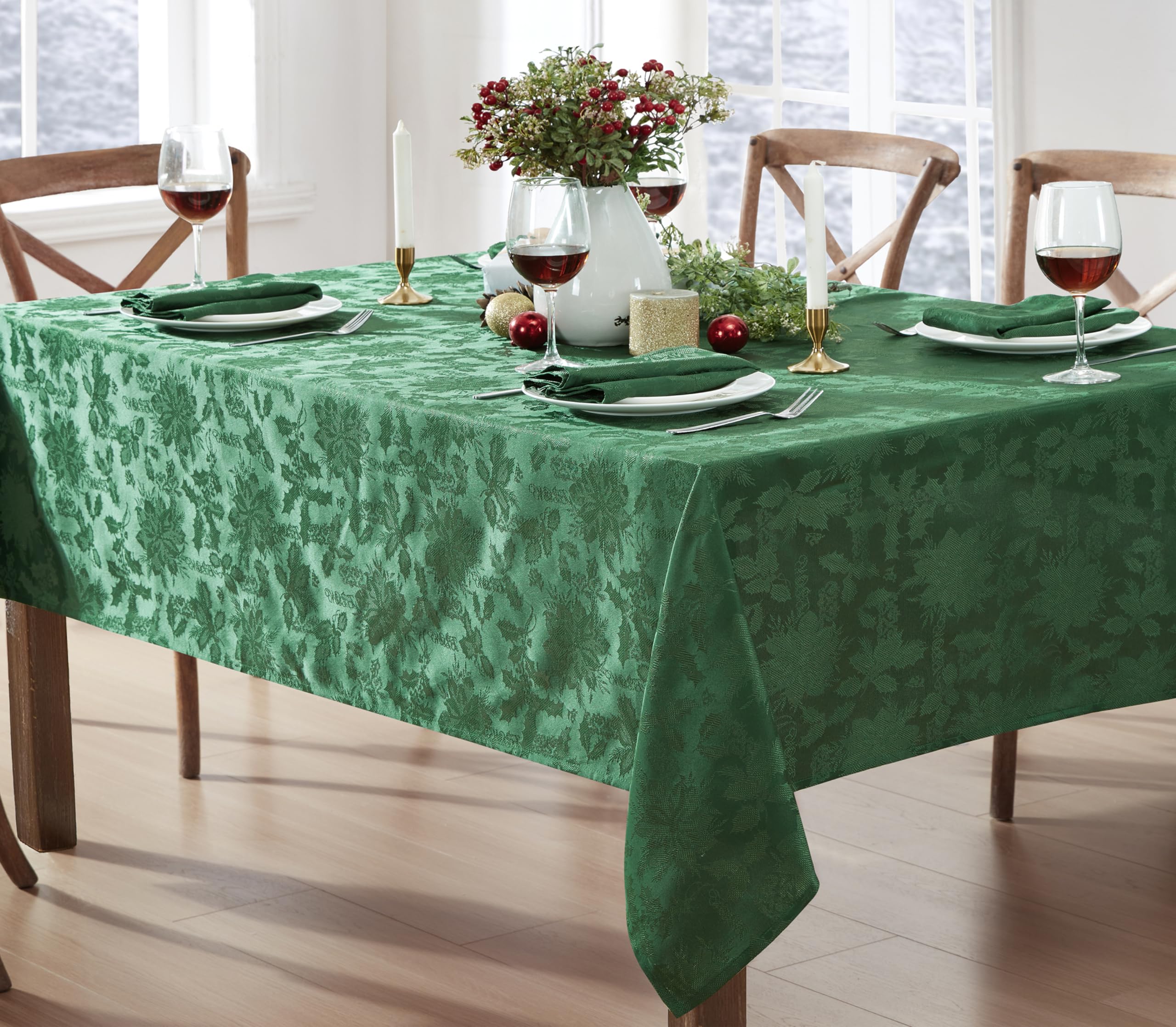 Newbridge Christmas Carol Holiday Noel Damask Fabric Tablecloth, 52 x 52 Inch Square, Hunter Green, Holly Leaf Poinsettia Weave, Wrinkle Free Soil Resistant Easy Care Table Cover - Image 7