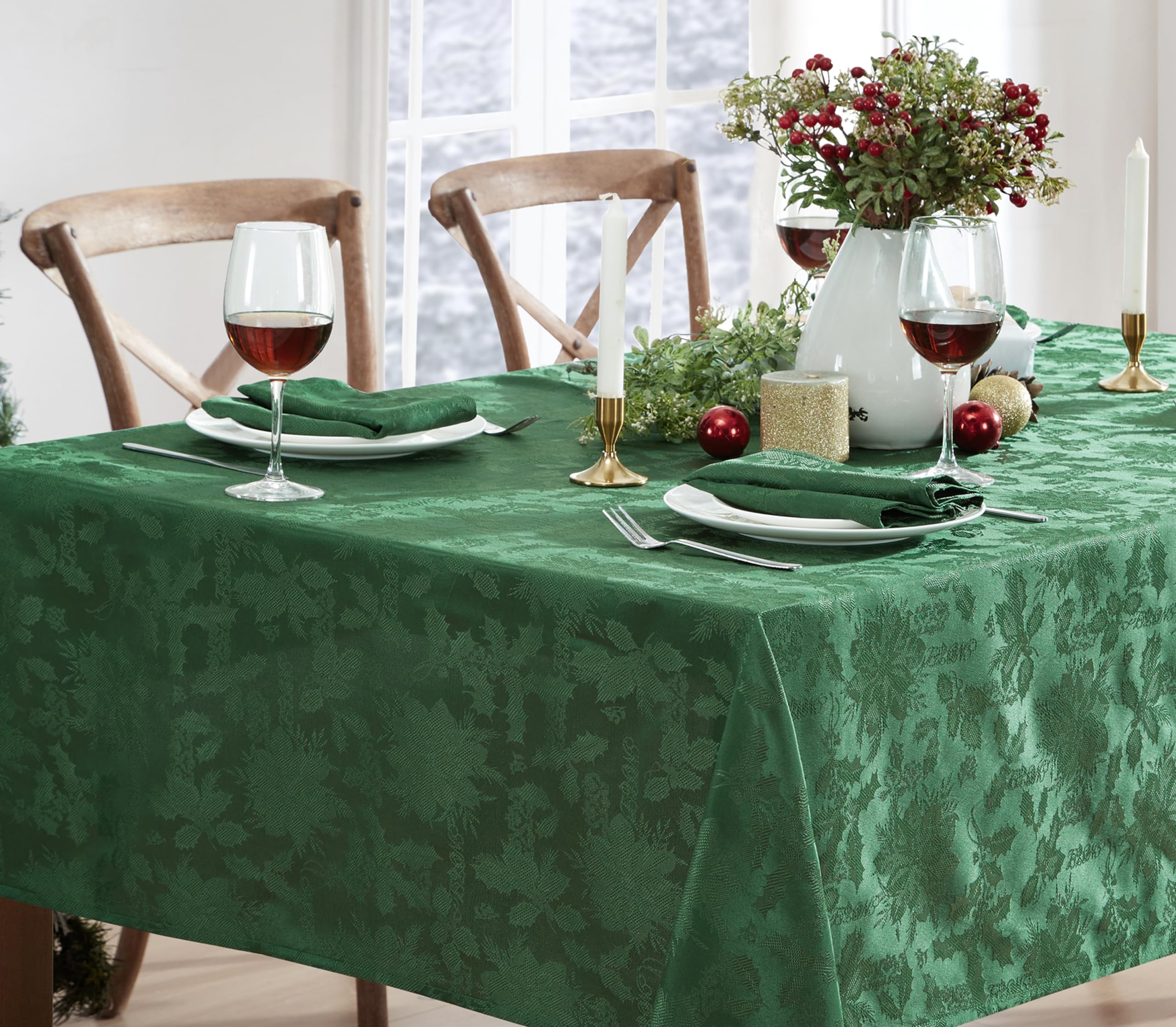 Newbridge Christmas Carol Holiday Noel Damask Fabric Tablecloth, 52 x 52 Inch Square, Hunter Green, Holly Leaf Poinsettia Weave, Wrinkle Free Soil Resistant Easy Care Table Cover - Image 8