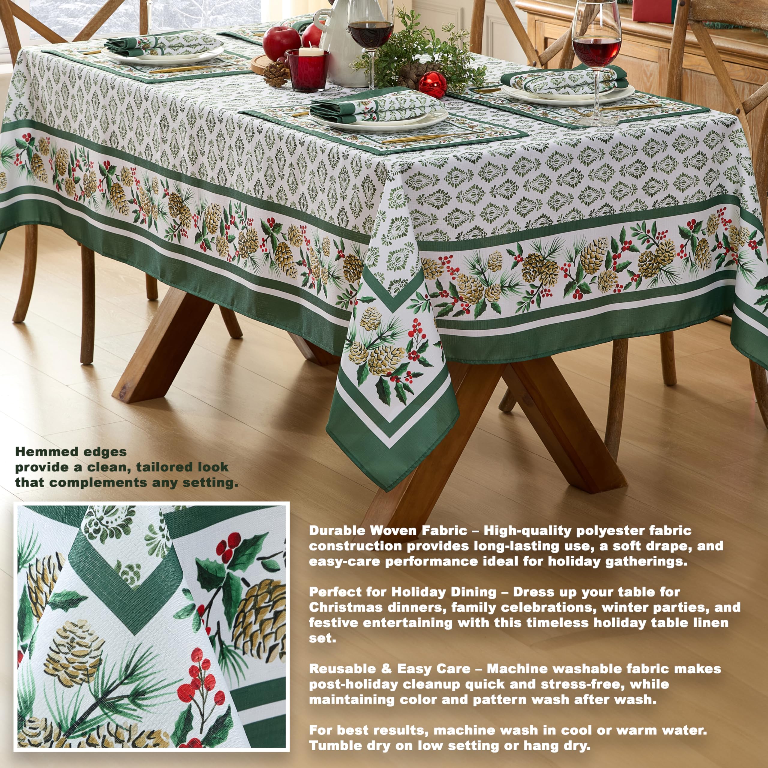 Newbridge Christmas Holly Pinecone Border 60 x 84 Inch Rectangle Fabric Tablecloth, Holiday Hunter Green Border on White Background Fabric Table Cover for Dinner Party and Banquet - Image 3