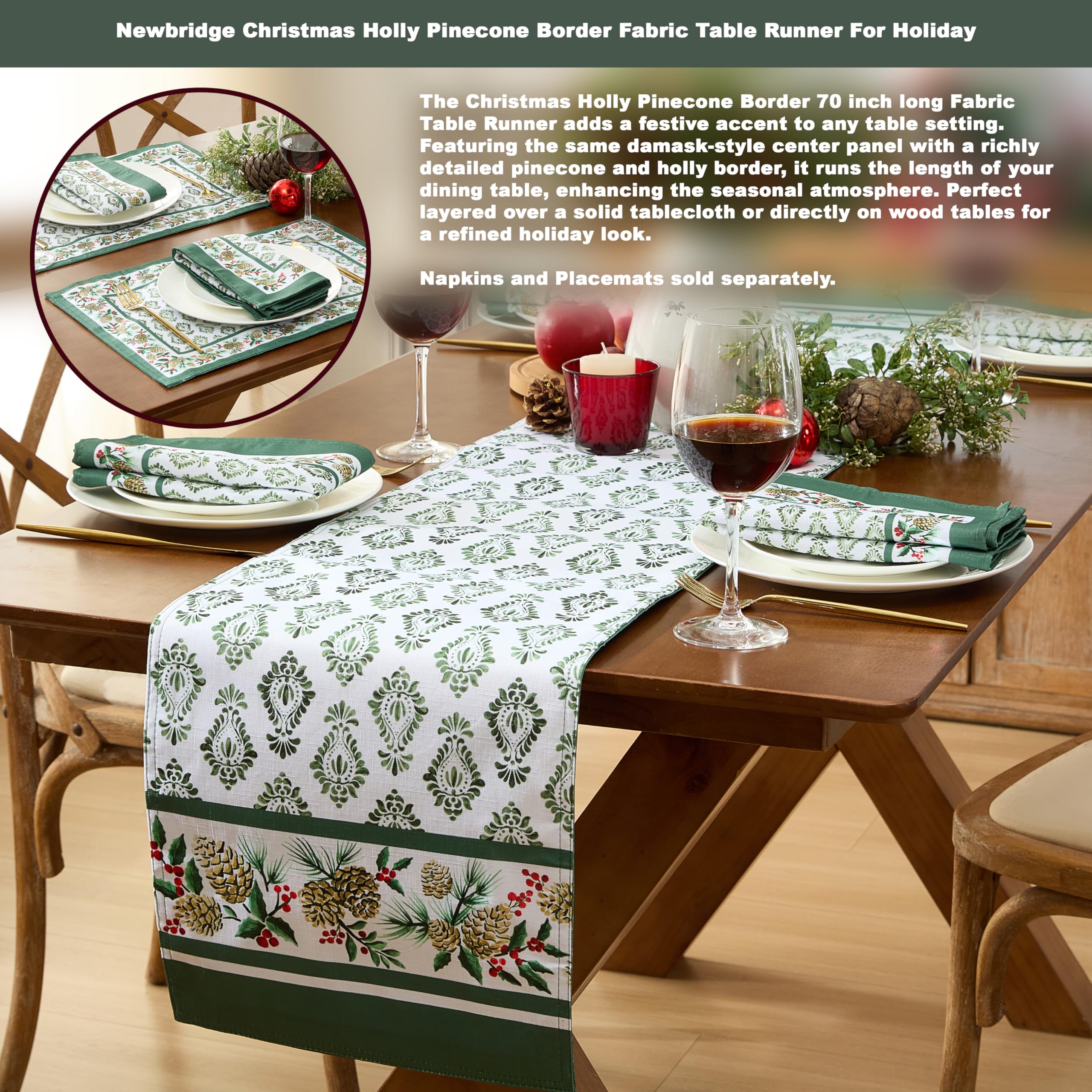 Newbridge Christmas Holly Pinecone Border 60 x 84 Inch Rectangle Fabric Tablecloth, Holiday Hunter Green Border on White Background Fabric Table Cover for Dinner Party and Banquet - Image 4