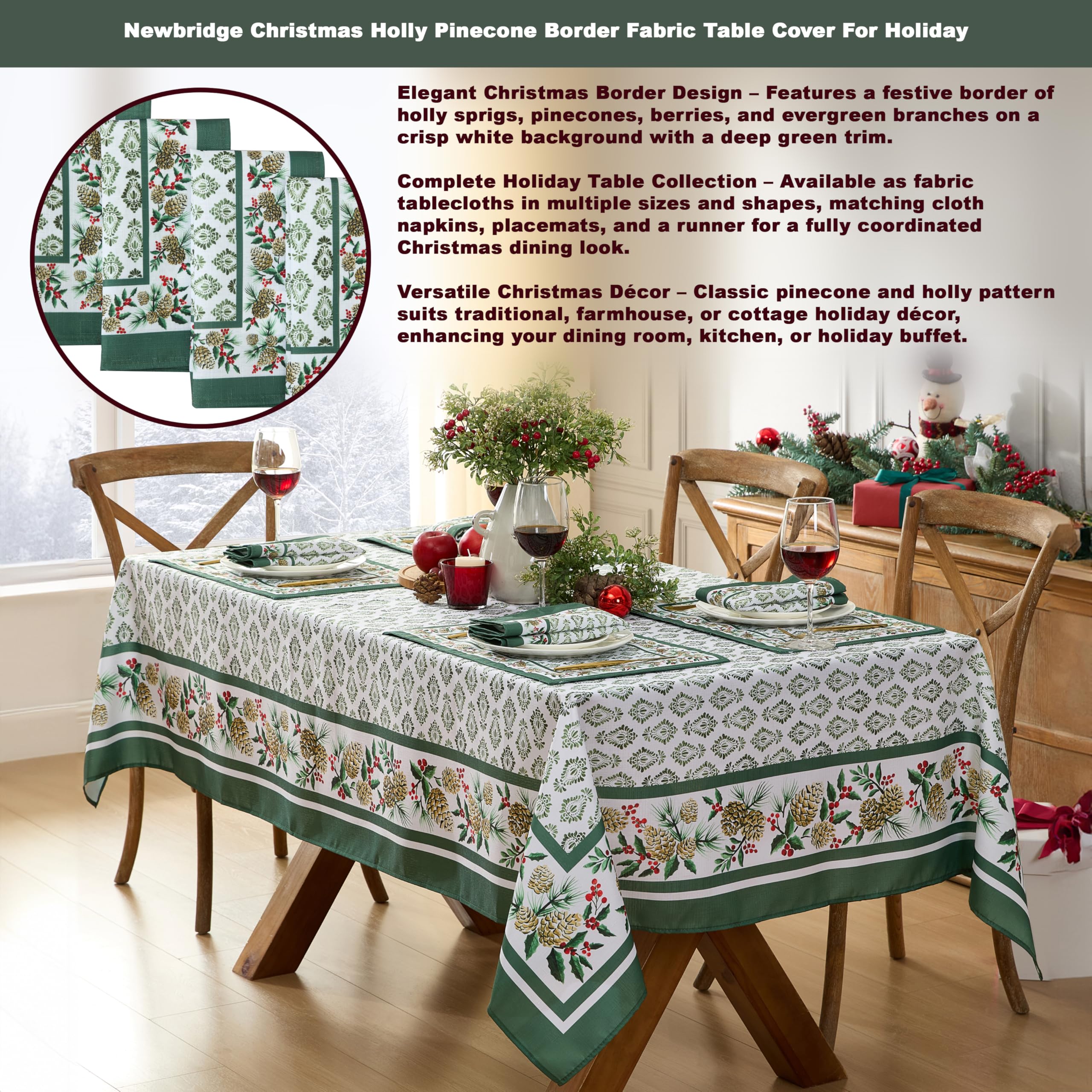 Newbridge Christmas Holly Pinecone Border 60 x 84 Inch Rectangle Fabric Tablecloth, Holiday Hunter Green Border on White Background Fabric Table Cover for Dinner Party and Banquet - Image 5
