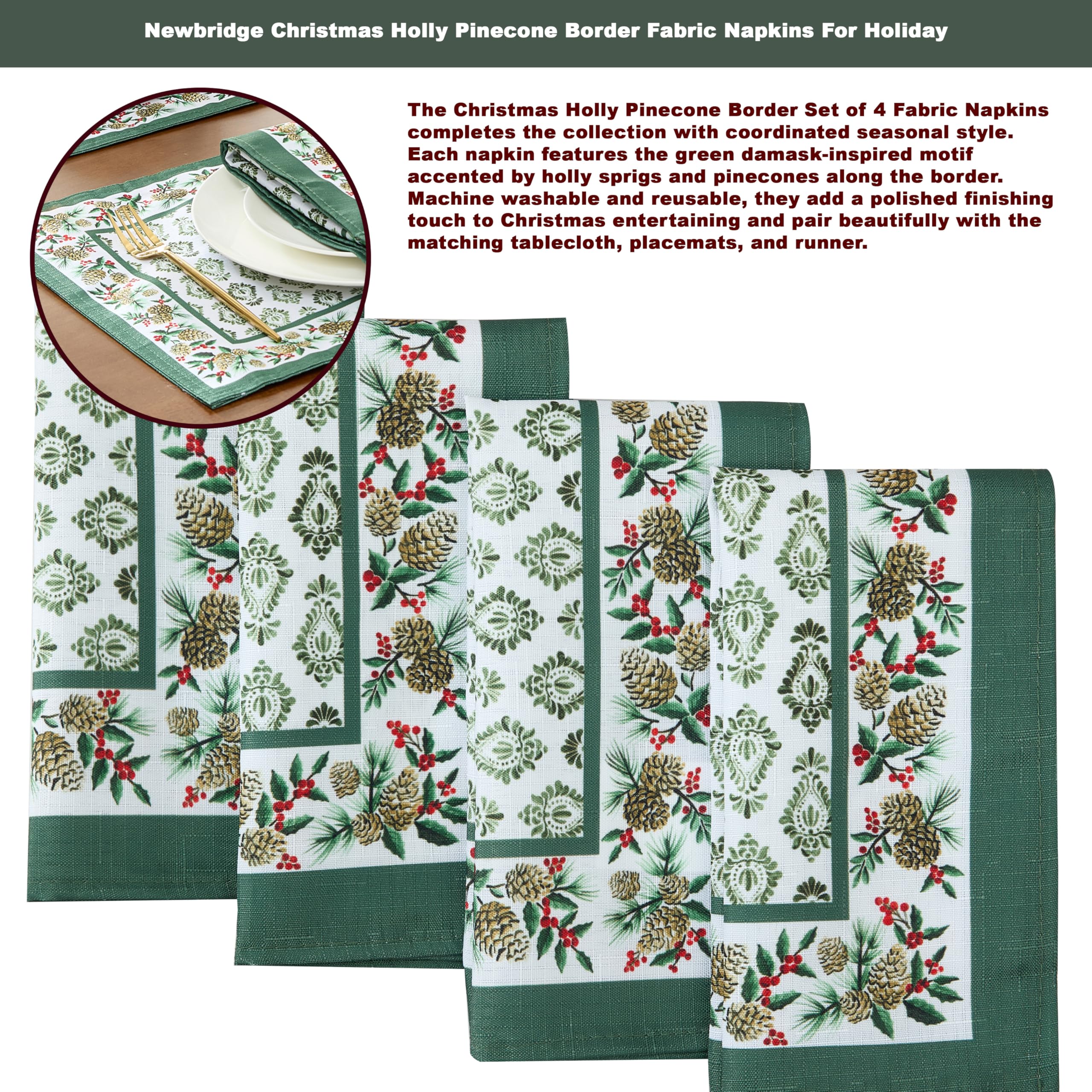 Newbridge Christmas Holly Pinecone Border 60 x 84 Inch Rectangle Fabric Tablecloth, Holiday Hunter Green Border on White Background Fabric Table Cover for Dinner Party and Banquet - Image 6