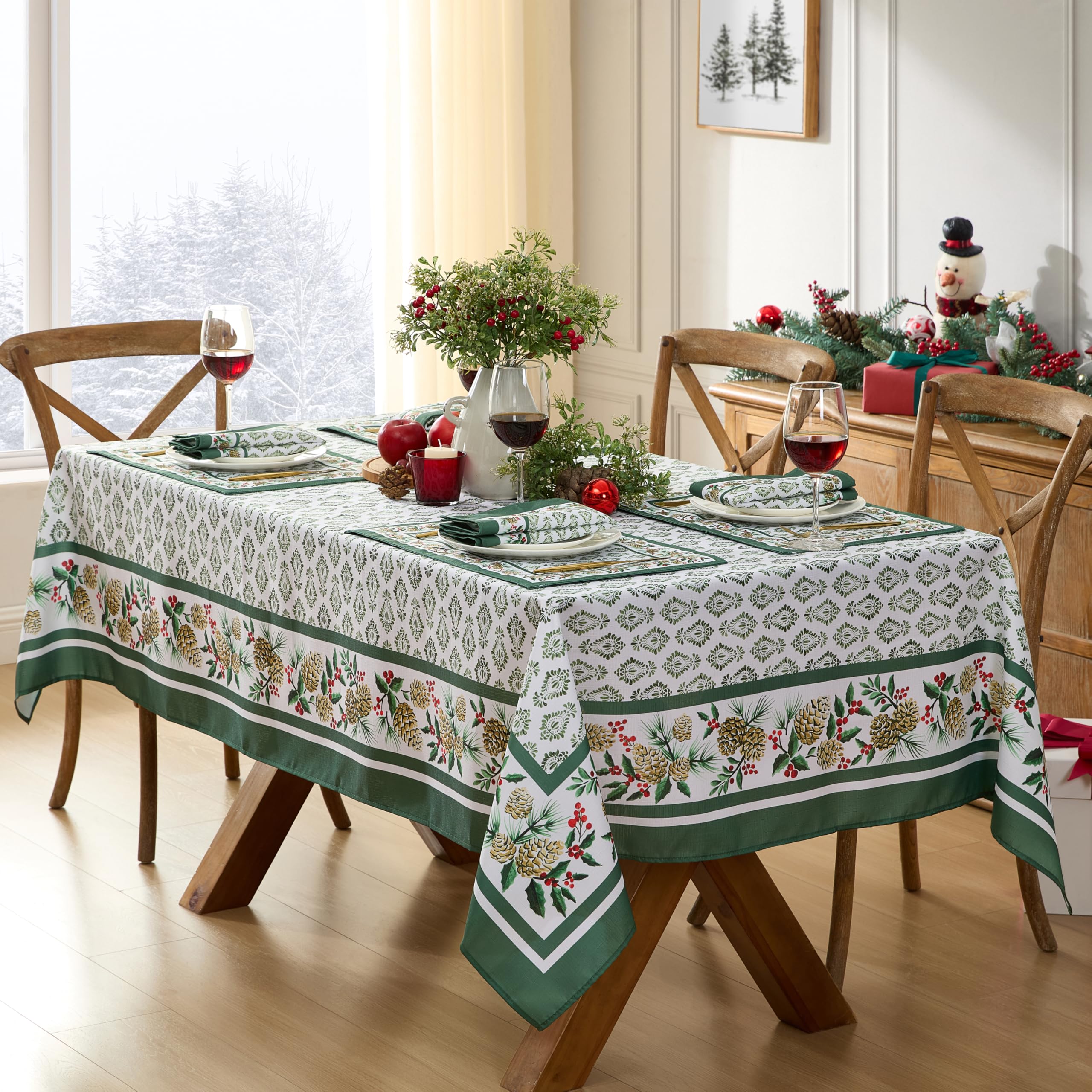 Newbridge Christmas Holly Pinecone Border 60 x 84 Inch Rectangle Fabric Tablecloth, Holiday Hunter Green Border on White Background Fabric Table Cover for Dinner Party and Banquet - Image 7