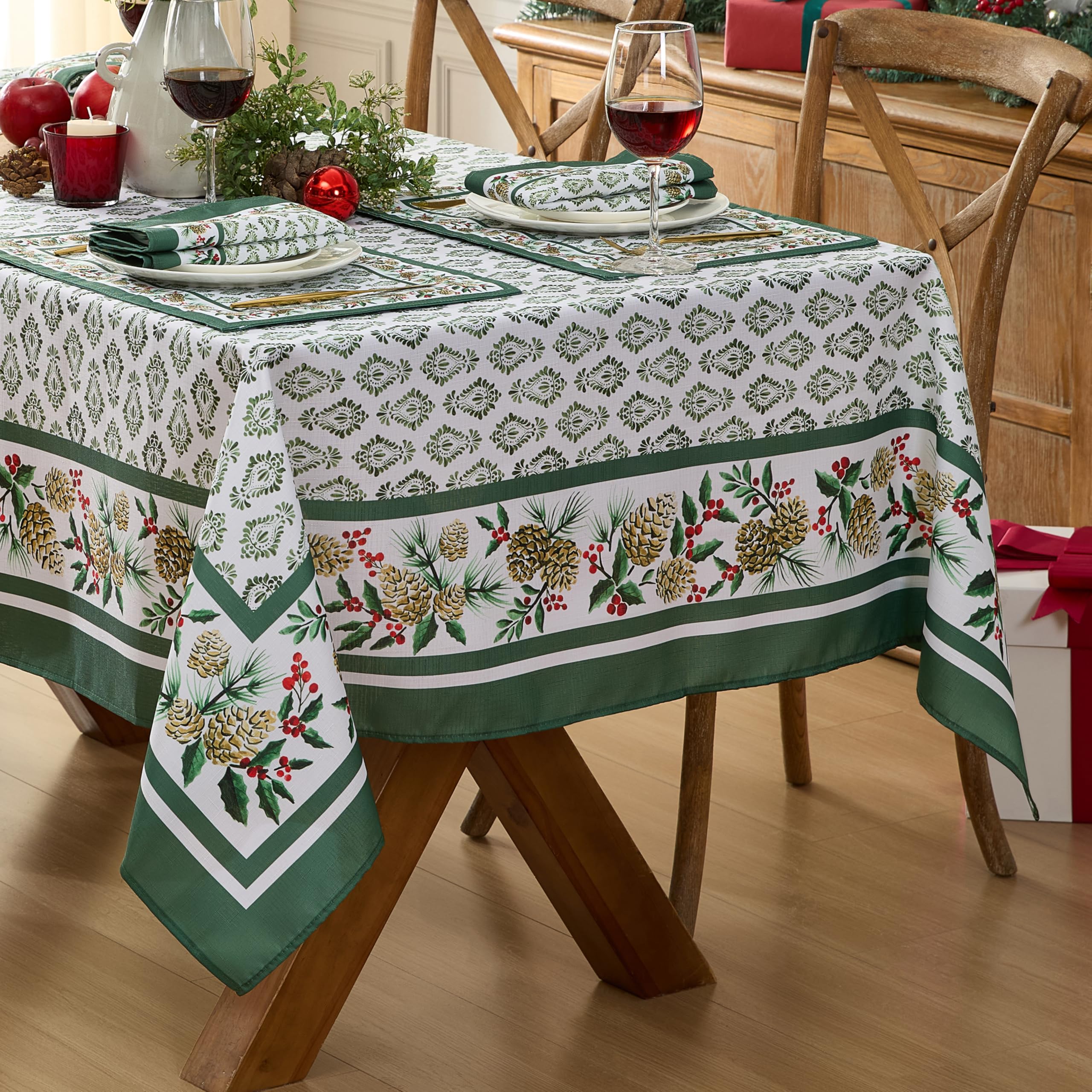 Newbridge Christmas Holly Pinecone Border 60 x 84 Inch Rectangle Fabric Tablecloth, Holiday Hunter Green Border on White Background Fabric Table Cover for Dinner Party and Banquet - Image 8