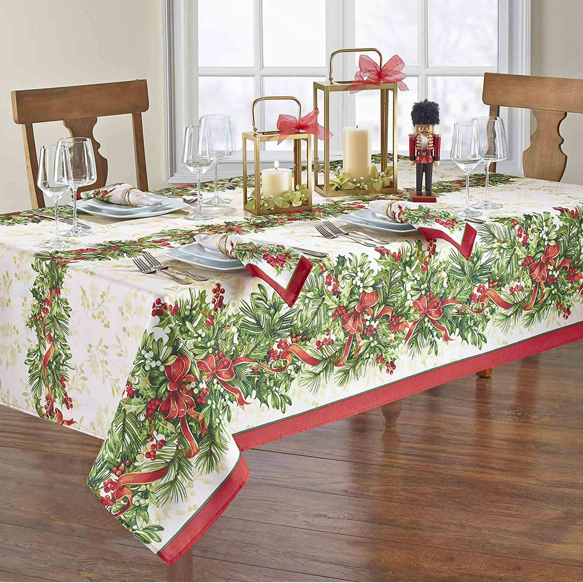 Newbridge Christmas Holly Ribbon Traditions Bordered 52 x 70 Inch Rectangle Fabric Tablecloth, Boughs of Holly and Berry Ribbon Garland Dining Table Cover for Holiday Party - Image 3