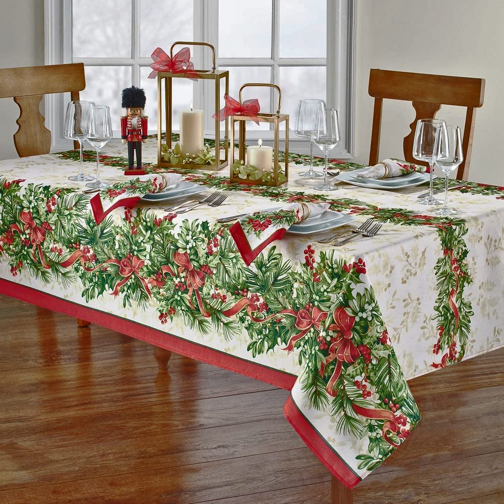 Newbridge Christmas Holly Ribbon Traditions Bordered 52 x 70 Inch Rectangle Fabric Tablecloth, Boughs of Holly and Berry Ribbon Garland Dining Table Cover for Holiday Party - Image 4