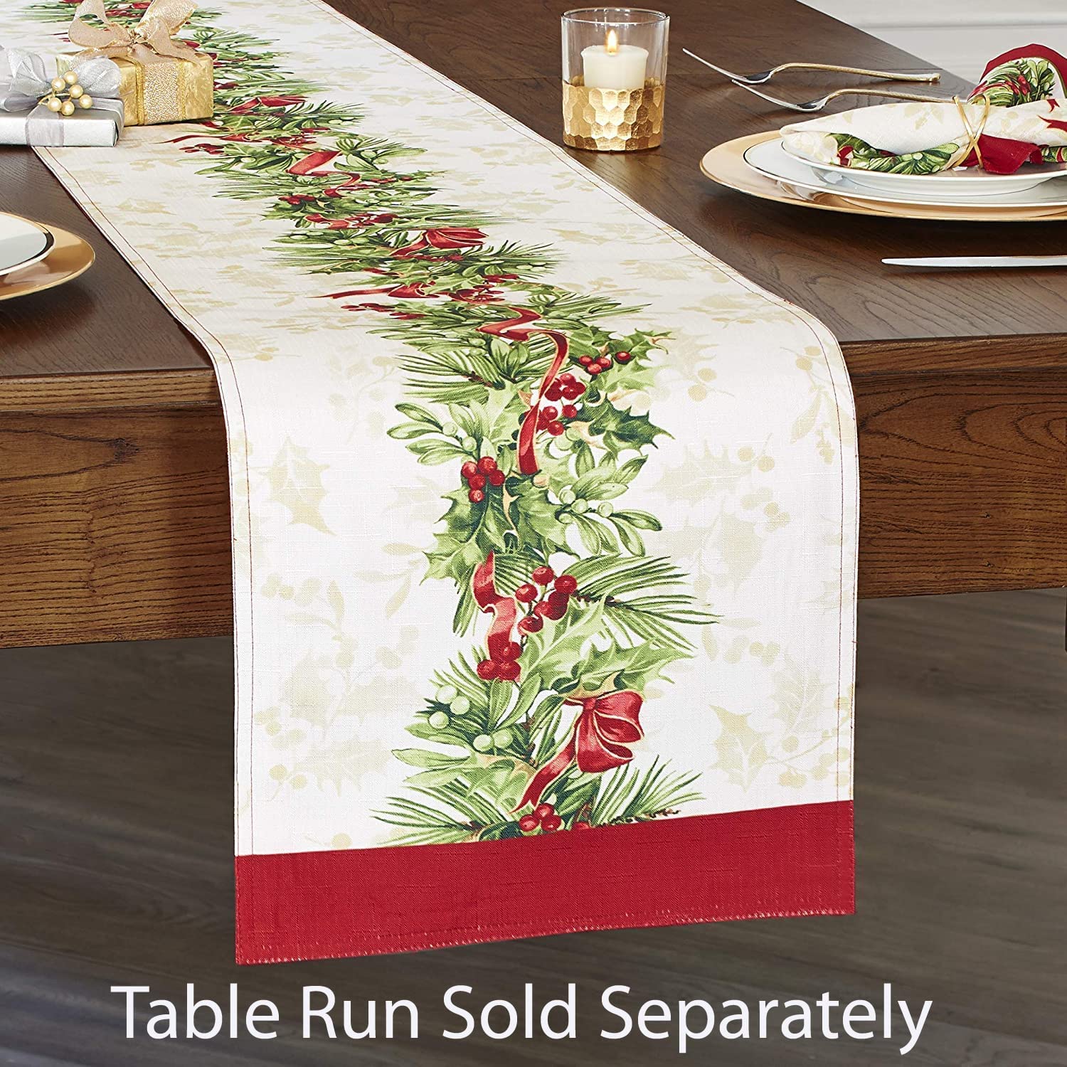 Newbridge Christmas Holly Ribbon Traditions Bordered 52 x 70 Inch Rectangle Fabric Tablecloth, Boughs of Holly and Berry Ribbon Garland Dining Table Cover for Holiday Party - Image 7