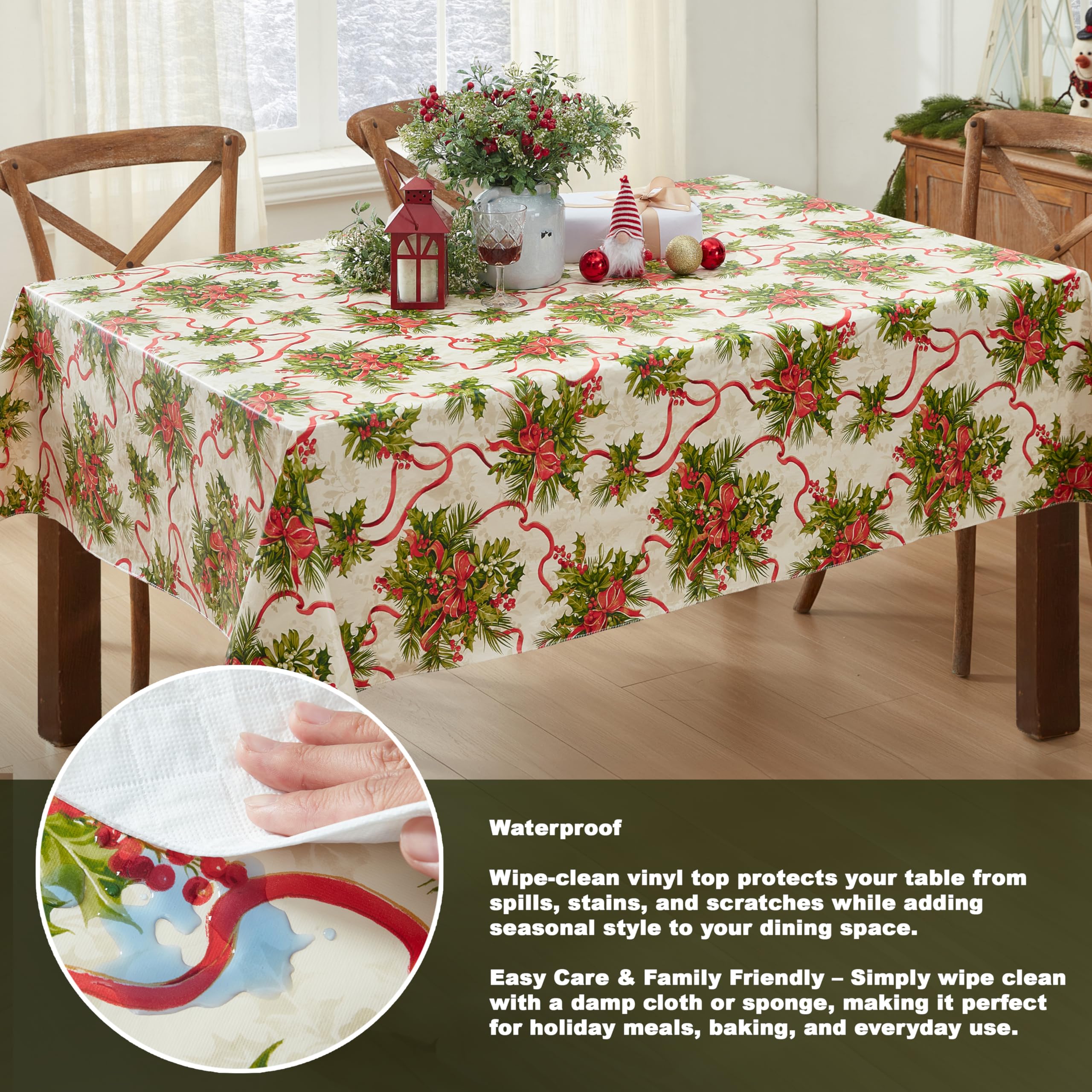 Newbridge Christmas Holly Traditions 52 x 52 Inch Square Vinyl Tablecloth with Flannel Backing – Red Holly Berries & Holiday Ribbon Print Easy-Care Wipe Clean Table Cover - Image 3