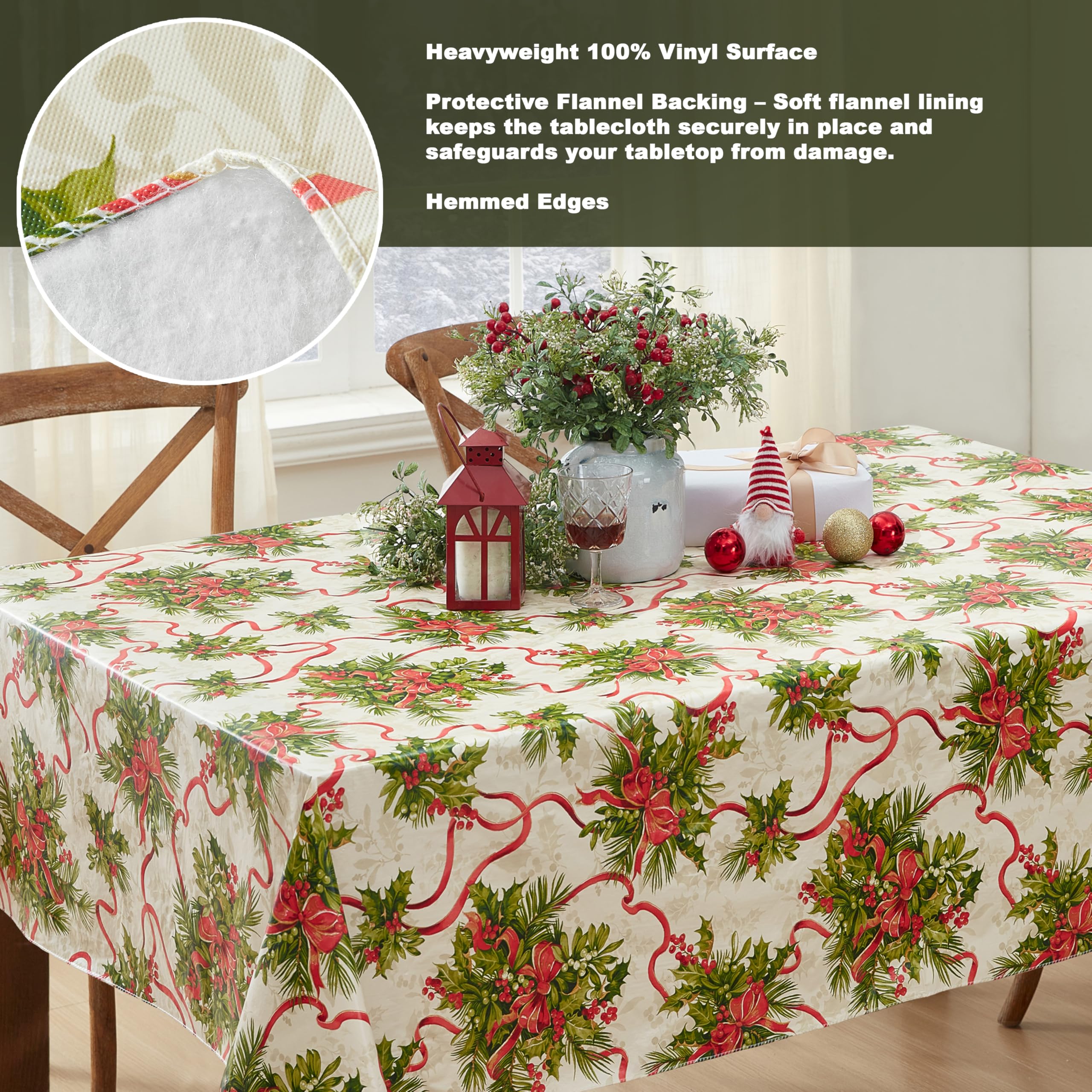 Newbridge Christmas Holly Traditions 52 x 52 Inch Square Vinyl Tablecloth with Flannel Backing – Red Holly Berries & Holiday Ribbon Print Easy-Care Wipe Clean Table Cover - Image 4