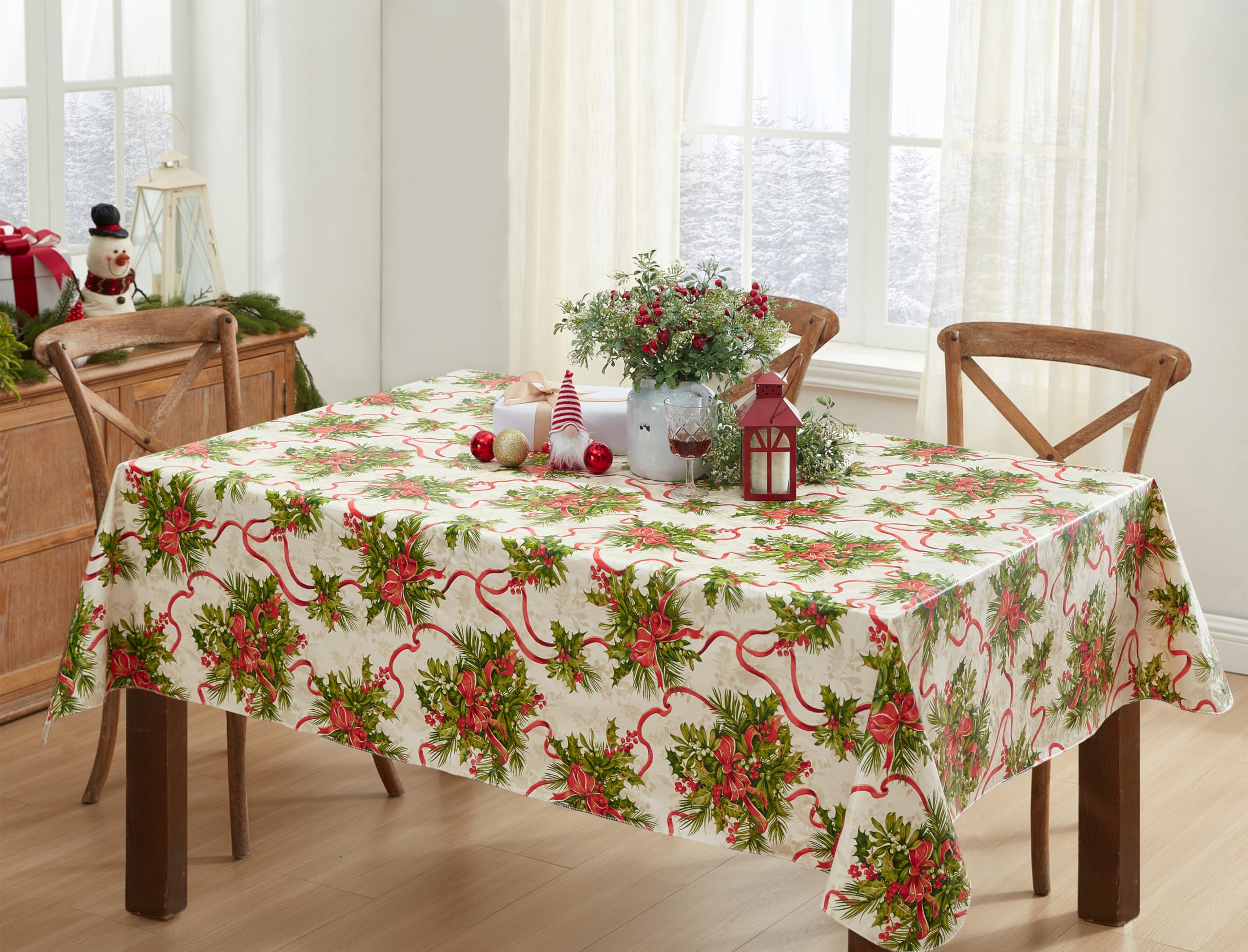Newbridge Christmas Holly Traditions 52 x 52 Inch Square Vinyl Tablecloth with Flannel Backing – Red Holly Berries & Holiday Ribbon Print Easy-Care Wipe Clean Table Cover - Image 5