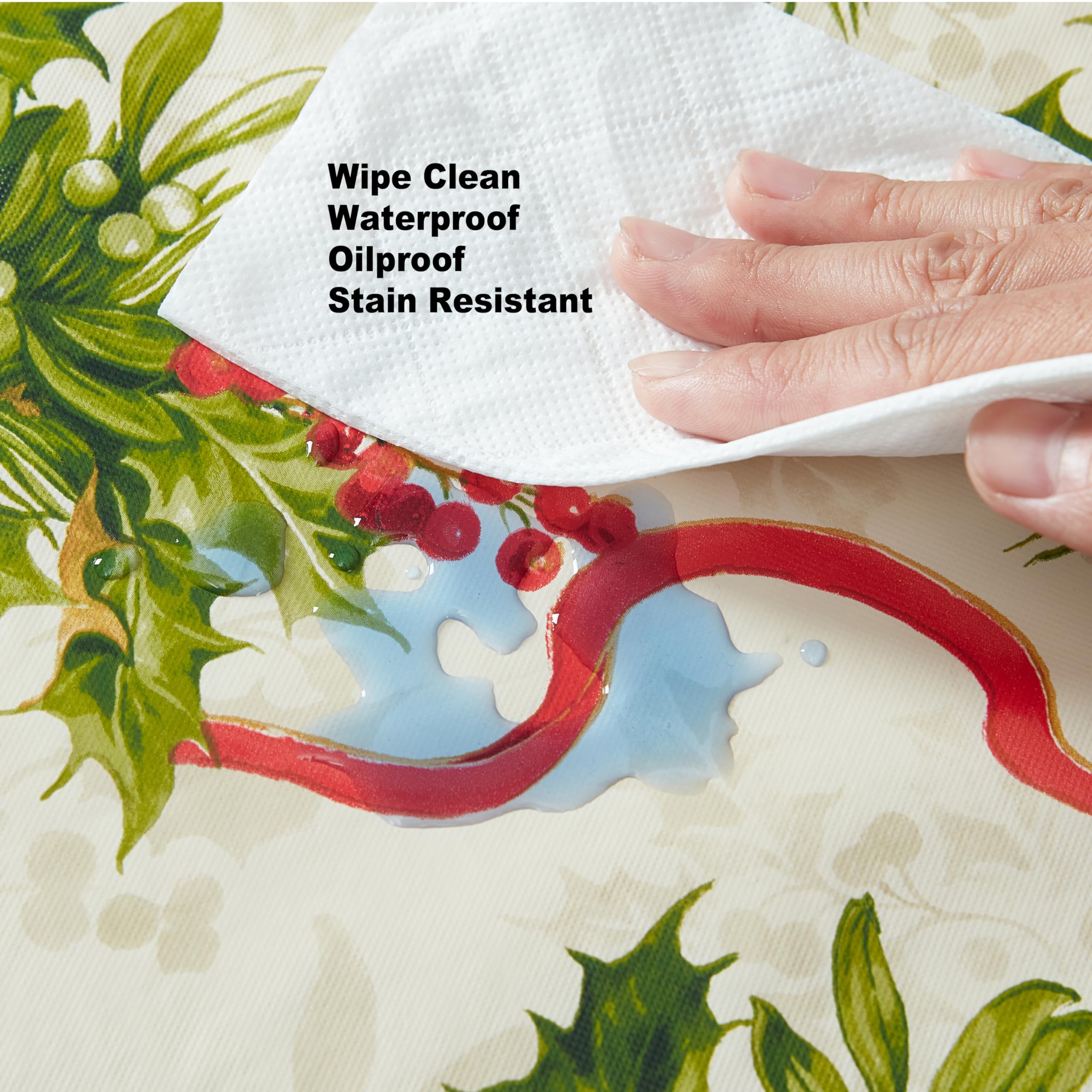 Newbridge Christmas Holly Traditions 52 x 52 Inch Square Vinyl Tablecloth with Flannel Backing – Red Holly Berries & Holiday Ribbon Print Easy-Care Wipe Clean Table Cover - Image 6