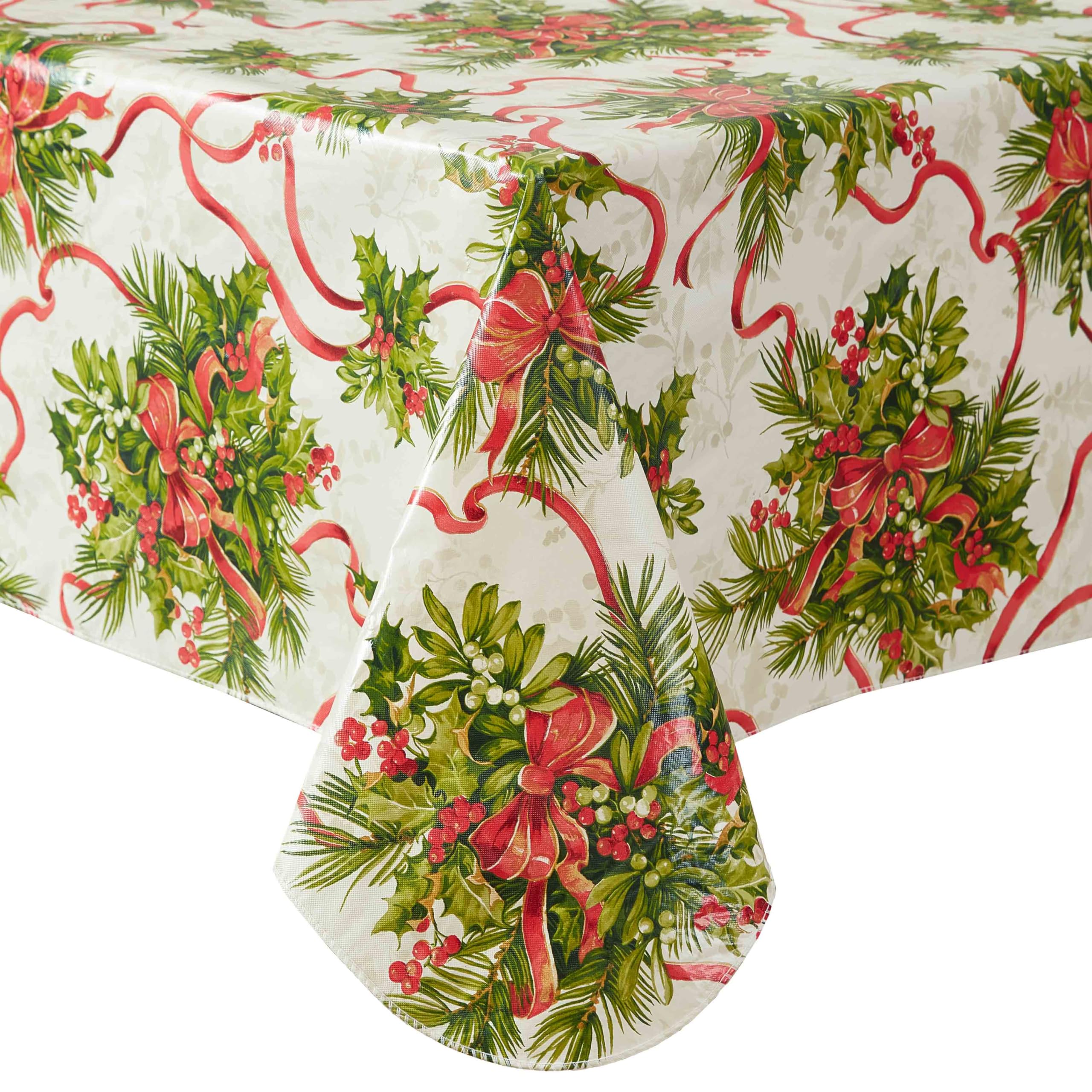 Newbridge Christmas Holly Traditions 52 x 52 Inch Square Vinyl Tablecloth with Flannel Backing – Red Holly Berries & Holiday Ribbon Print Easy-Care Wipe Clean Table Cover - Image 8