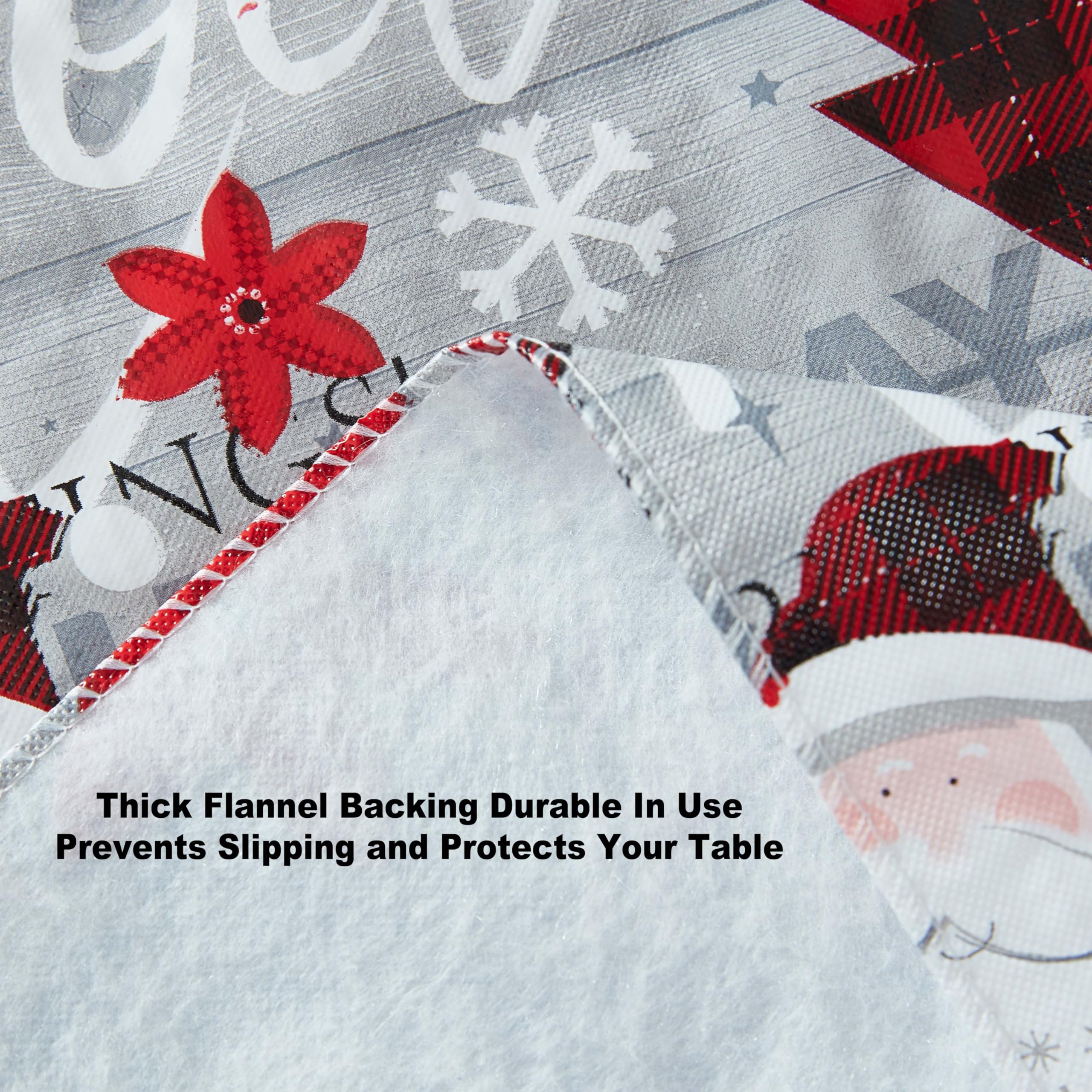 Newbridge Christmas Joy & Cheer Holiday Word Collage 52 x 52 Inch Square Vinyl Tablecloth with Flannel Backing – Red Plaid Trees, Santa & Snowflake Print Easy-Care Wipe Clean Table Cover - Image 4