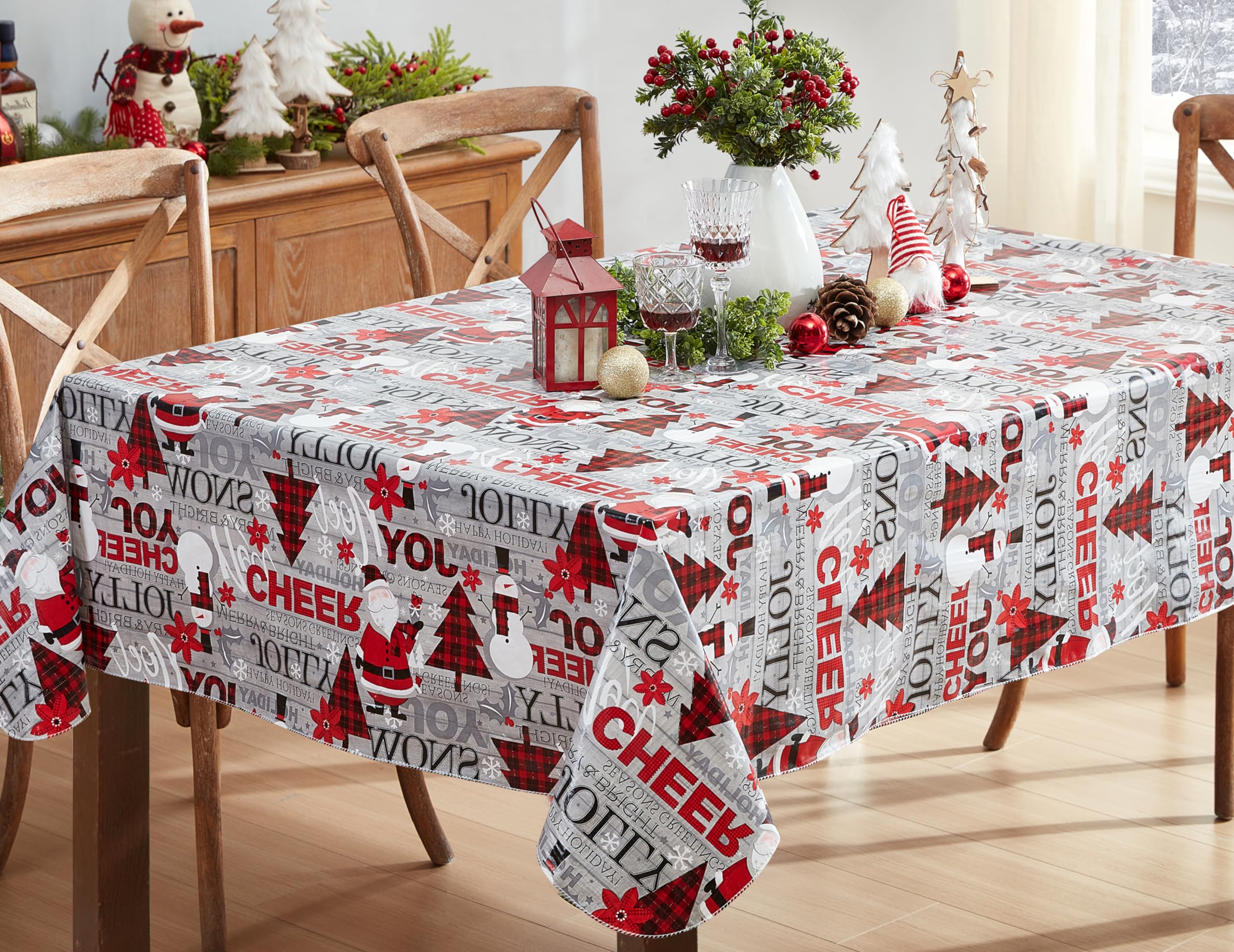 Newbridge Christmas Joy & Cheer Holiday Word Collage 52 x 52 Inch Square Vinyl Tablecloth with Flannel Backing – Red Plaid Trees, Santa & Snowflake Print Easy-Care Wipe Clean Table Cover - Image 6