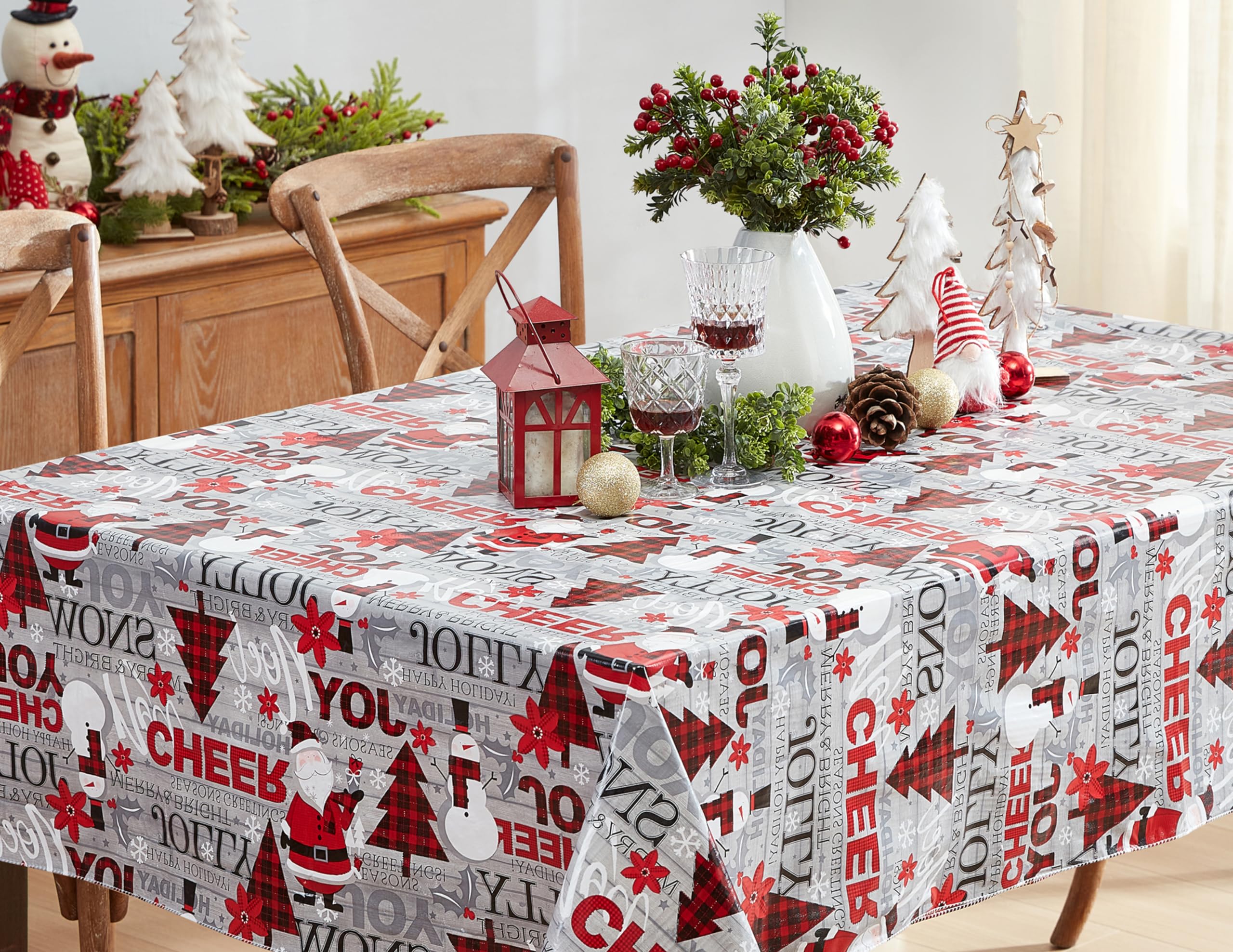 Newbridge Christmas Joy & Cheer Holiday Word Collage 52 x 52 Inch Square Vinyl Tablecloth with Flannel Backing – Red Plaid Trees, Santa & Snowflake Print Easy-Care Wipe Clean Table Cover - Image 7