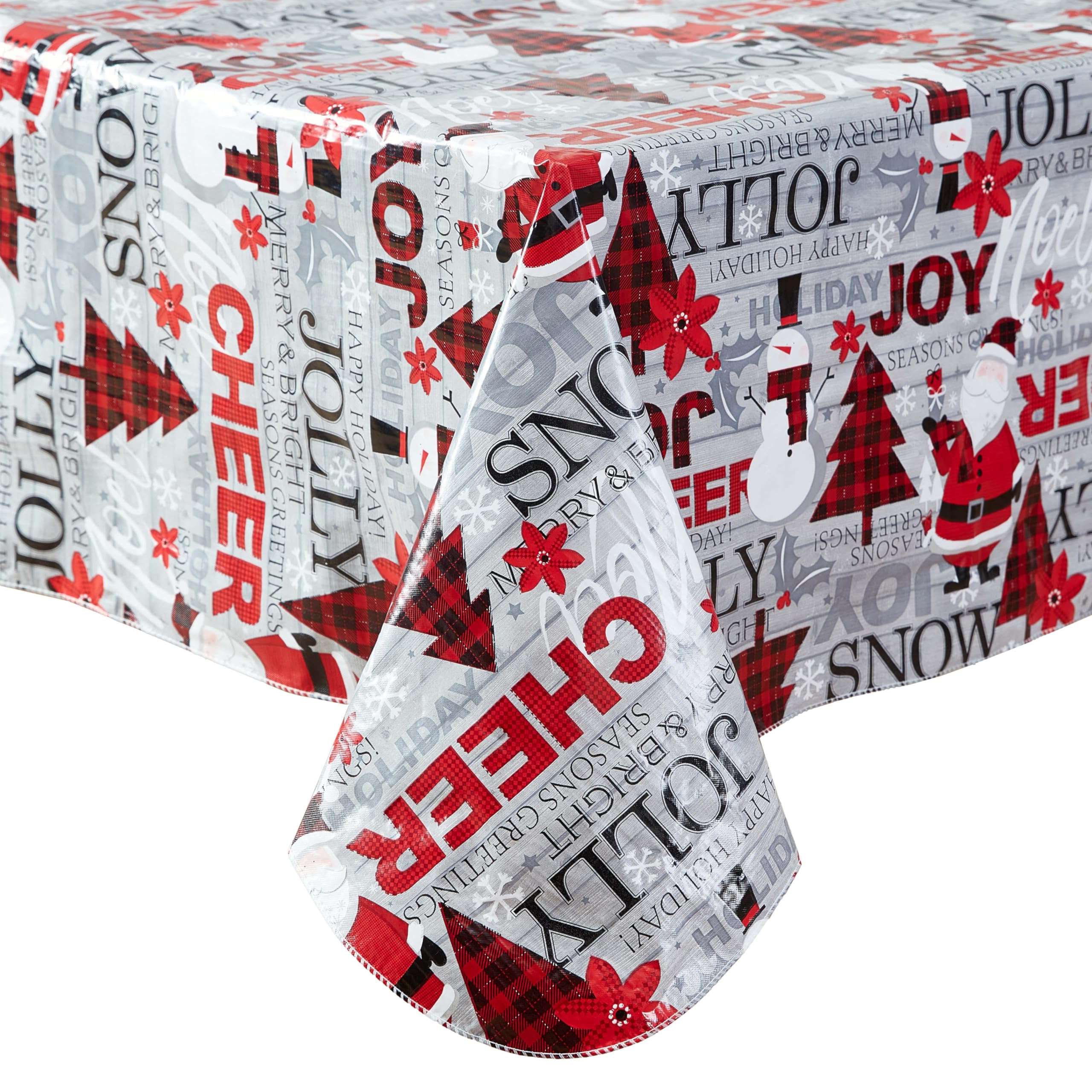 Newbridge Christmas Joy & Cheer Holiday Word Collage 52 x 52 Inch Square Vinyl Tablecloth with Flannel Backing – Red Plaid Trees, Santa & Snowflake Print Easy-Care Wipe Clean Table Cover - Image 8