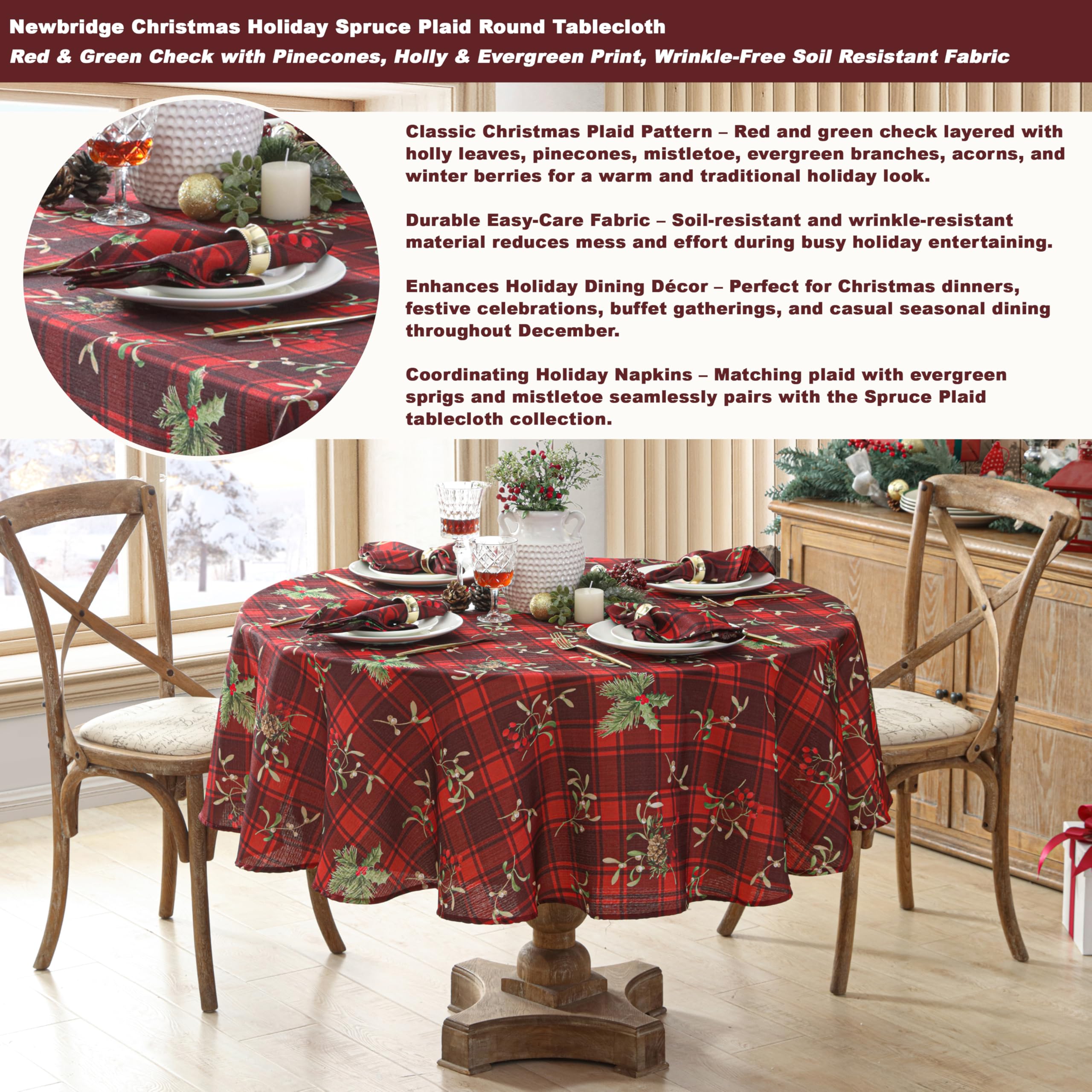 Newbridge Christmas Red Spruce Plaid 70 Inch Round Fabric Tablecloth – Holly, Pinecones & Evergreen Winter Print, Soil Resistant No-Iron Holiday Dining Table Cover - Image 3