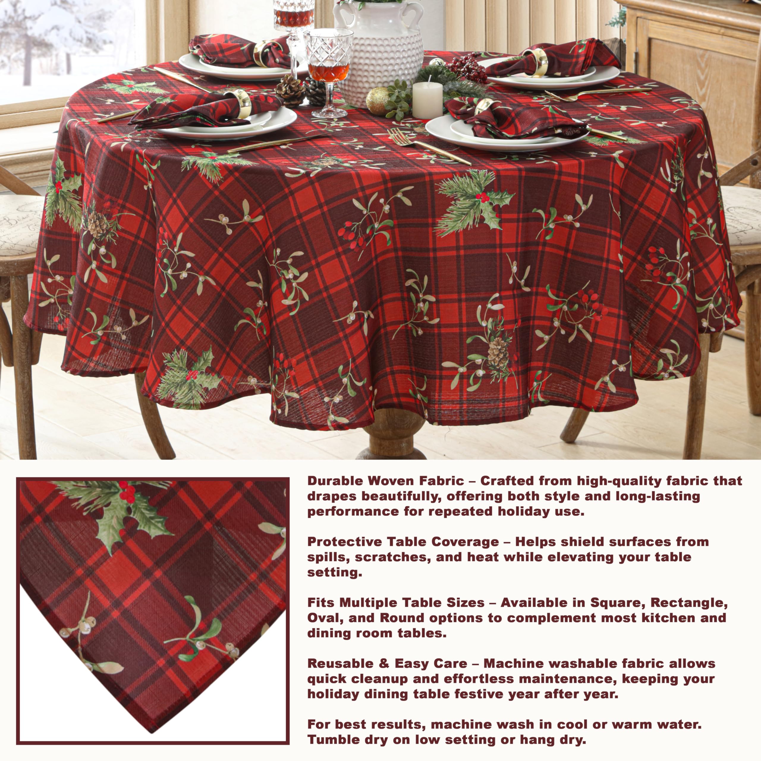 Newbridge Christmas Red Spruce Plaid 70 Inch Round Fabric Tablecloth – Holly, Pinecones & Evergreen Winter Print, Soil Resistant No-Iron Holiday Dining Table Cover - Image 4