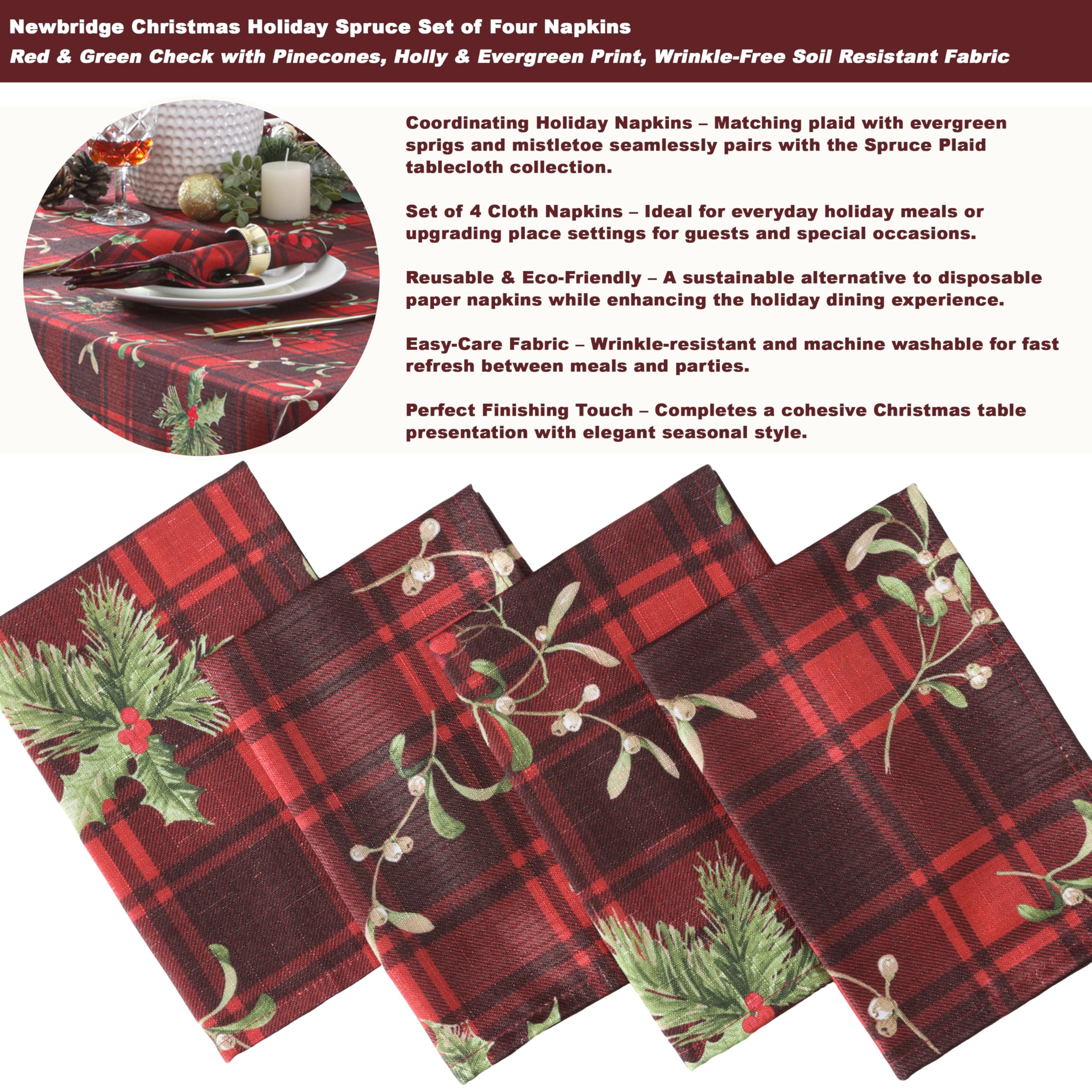 Newbridge Christmas Red Spruce Plaid 70 Inch Round Fabric Tablecloth – Holly, Pinecones & Evergreen Winter Print, Soil Resistant No-Iron Holiday Dining Table Cover - Image 5