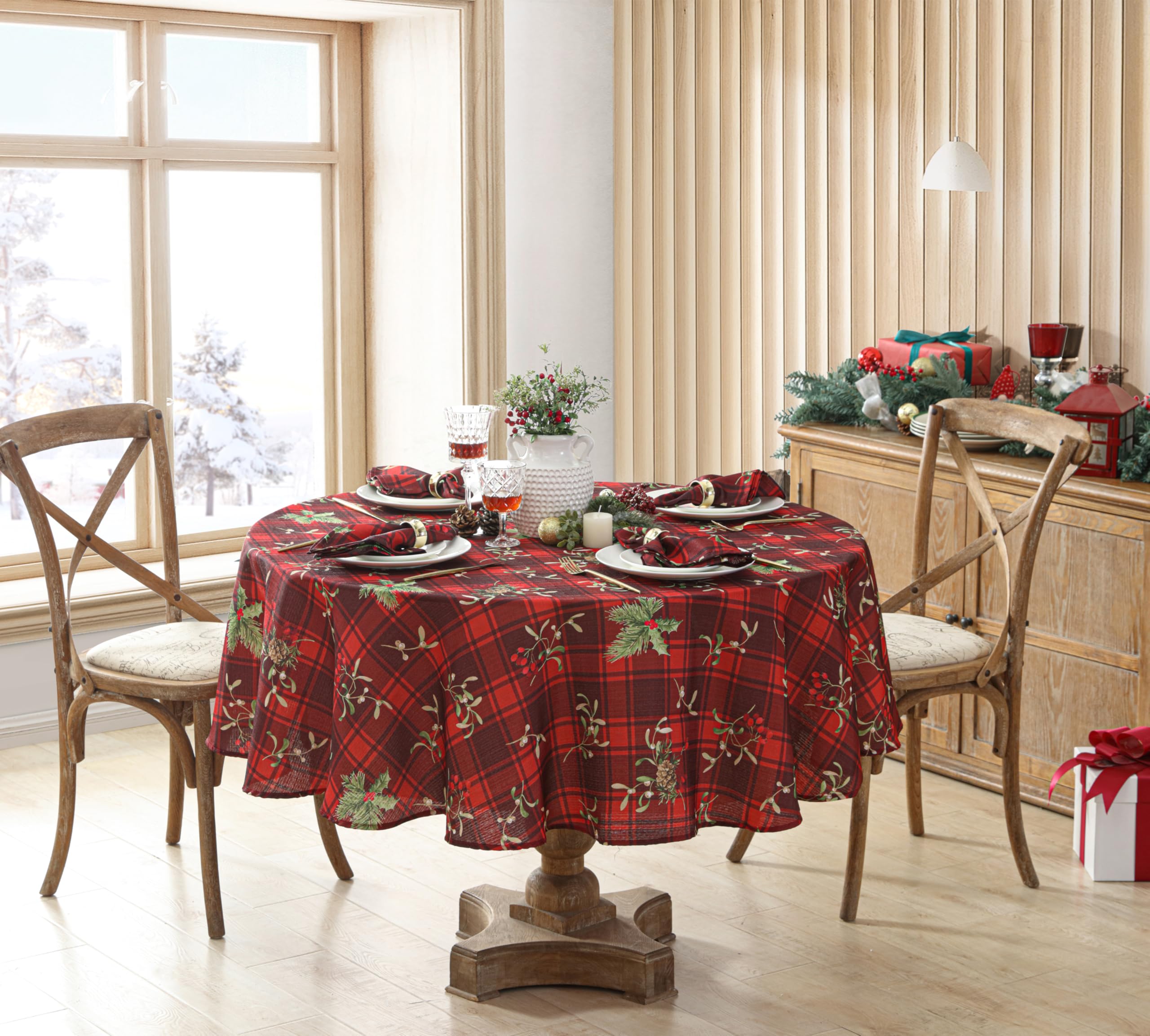 Newbridge Christmas Red Spruce Plaid 70 Inch Round Fabric Tablecloth – Holly, Pinecones & Evergreen Winter Print, Soil Resistant No-Iron Holiday Dining Table Cover - Image 6