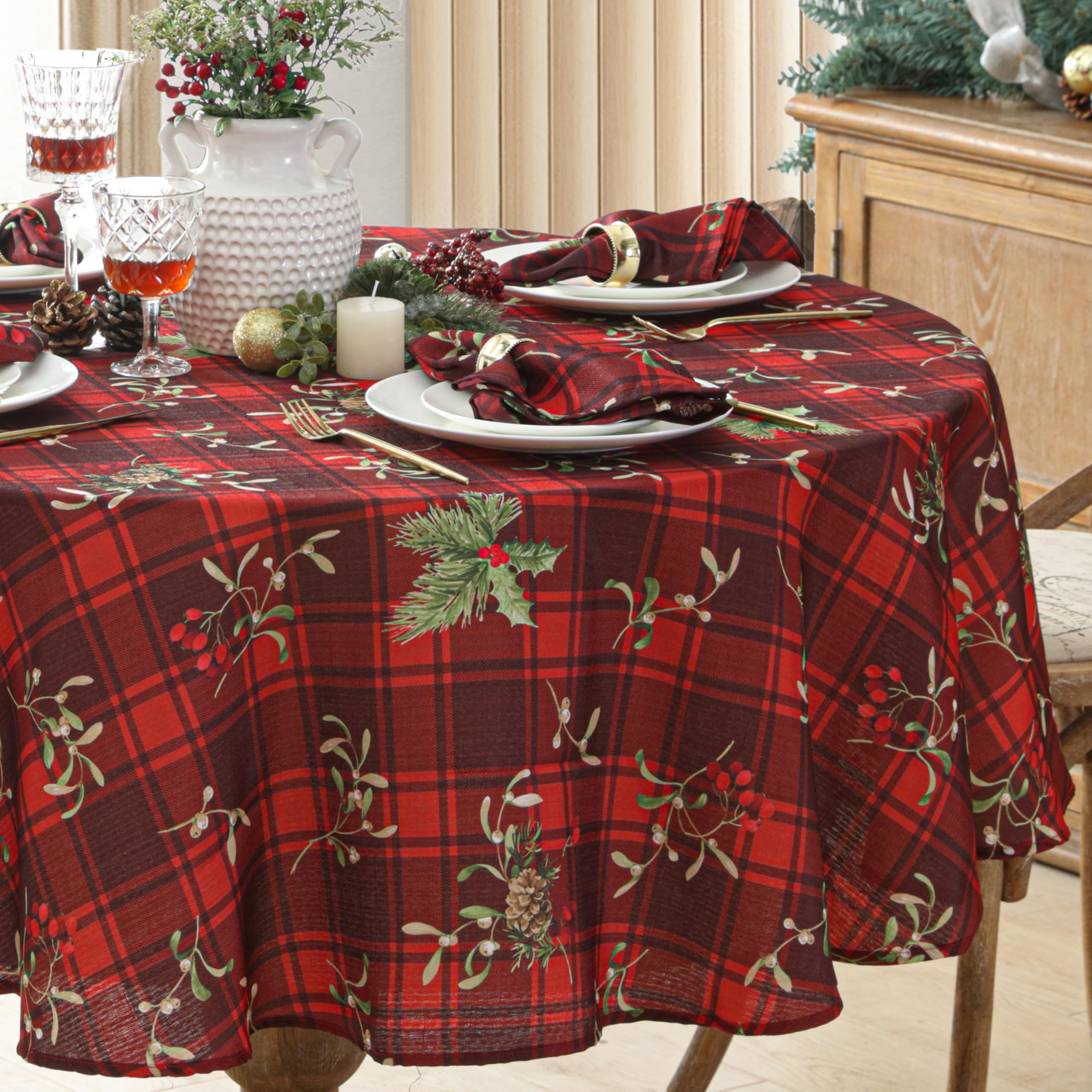Newbridge Christmas Red Spruce Plaid 70 Inch Round Fabric Tablecloth – Holly, Pinecones & Evergreen Winter Print, Soil Resistant No-Iron Holiday Dining Table Cover - Image 7