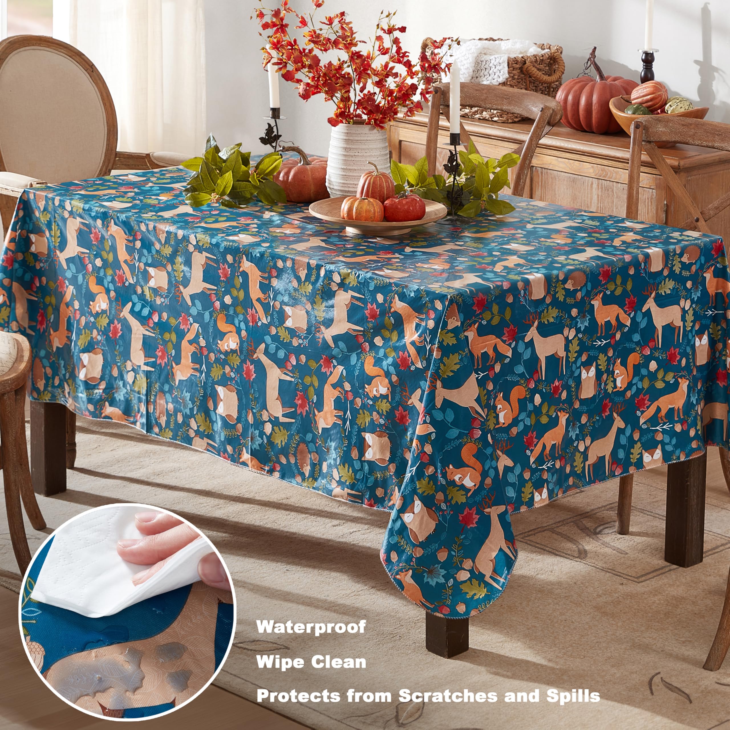 Newbridge Christmas Woodland Critters 52 x 52 Inch Square Vinyl Tablecloth with Flannel Backing, Squirrels Deer and Owl Winter Wreath Easy Care Holiday Table Cover for Christmas Parties - Image 3