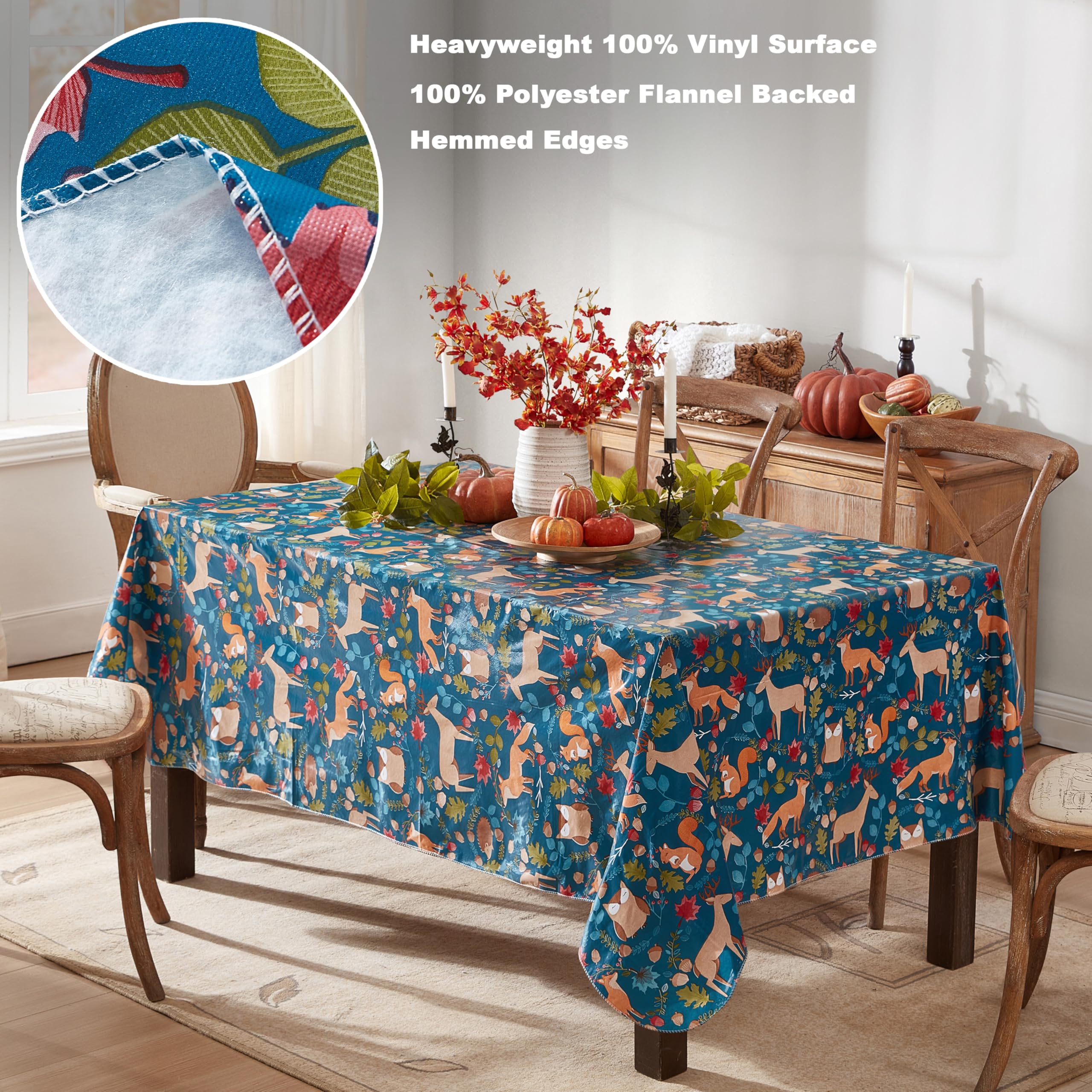 Newbridge Christmas Woodland Critters 52 x 52 Inch Square Vinyl Tablecloth with Flannel Backing, Squirrels Deer and Owl Winter Wreath Easy Care Holiday Table Cover for Christmas Parties - Image 4