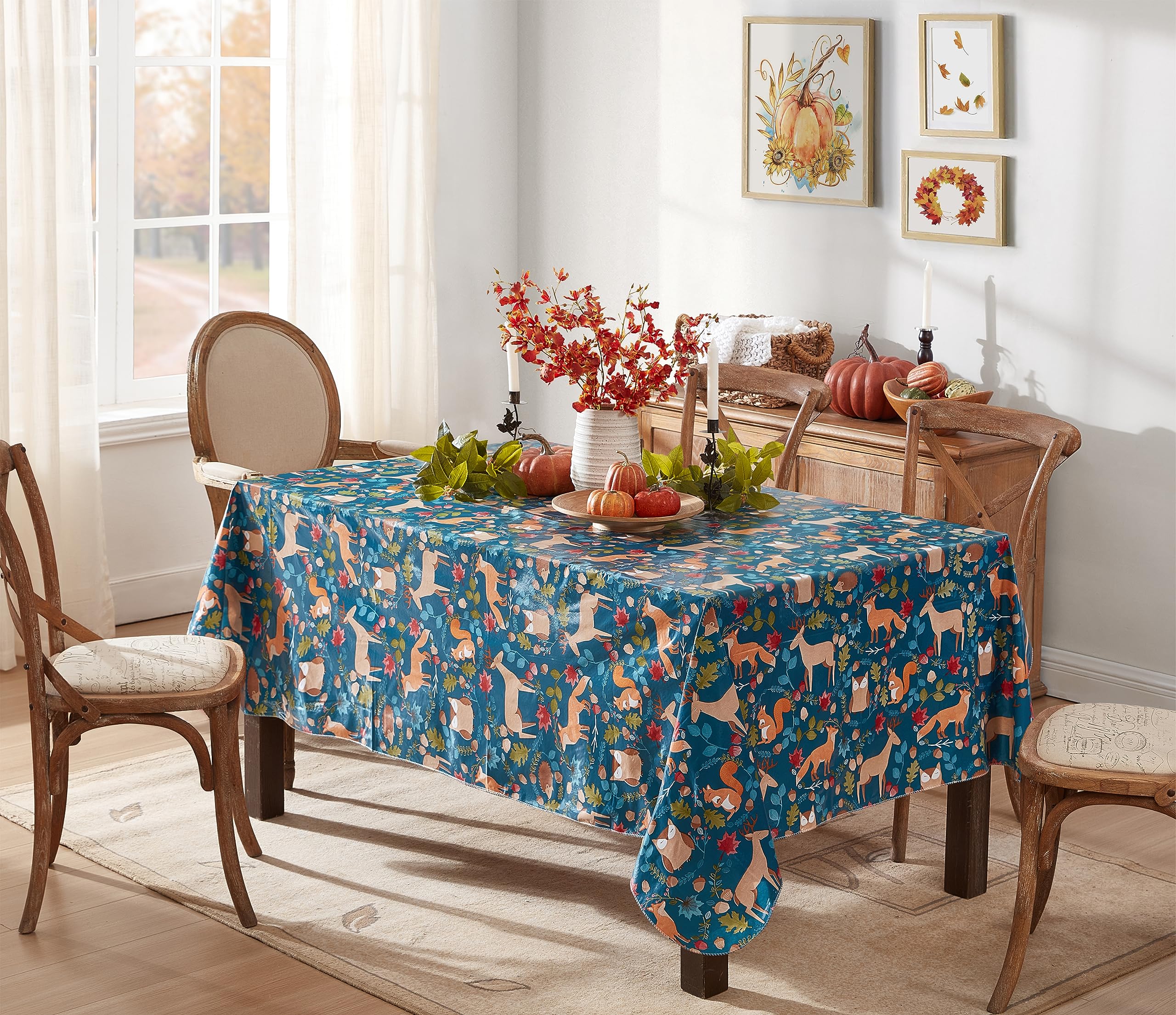 Newbridge Christmas Woodland Critters 52 x 52 Inch Square Vinyl Tablecloth with Flannel Backing, Squirrels Deer and Owl Winter Wreath Easy Care Holiday Table Cover for Christmas Parties - Image 5