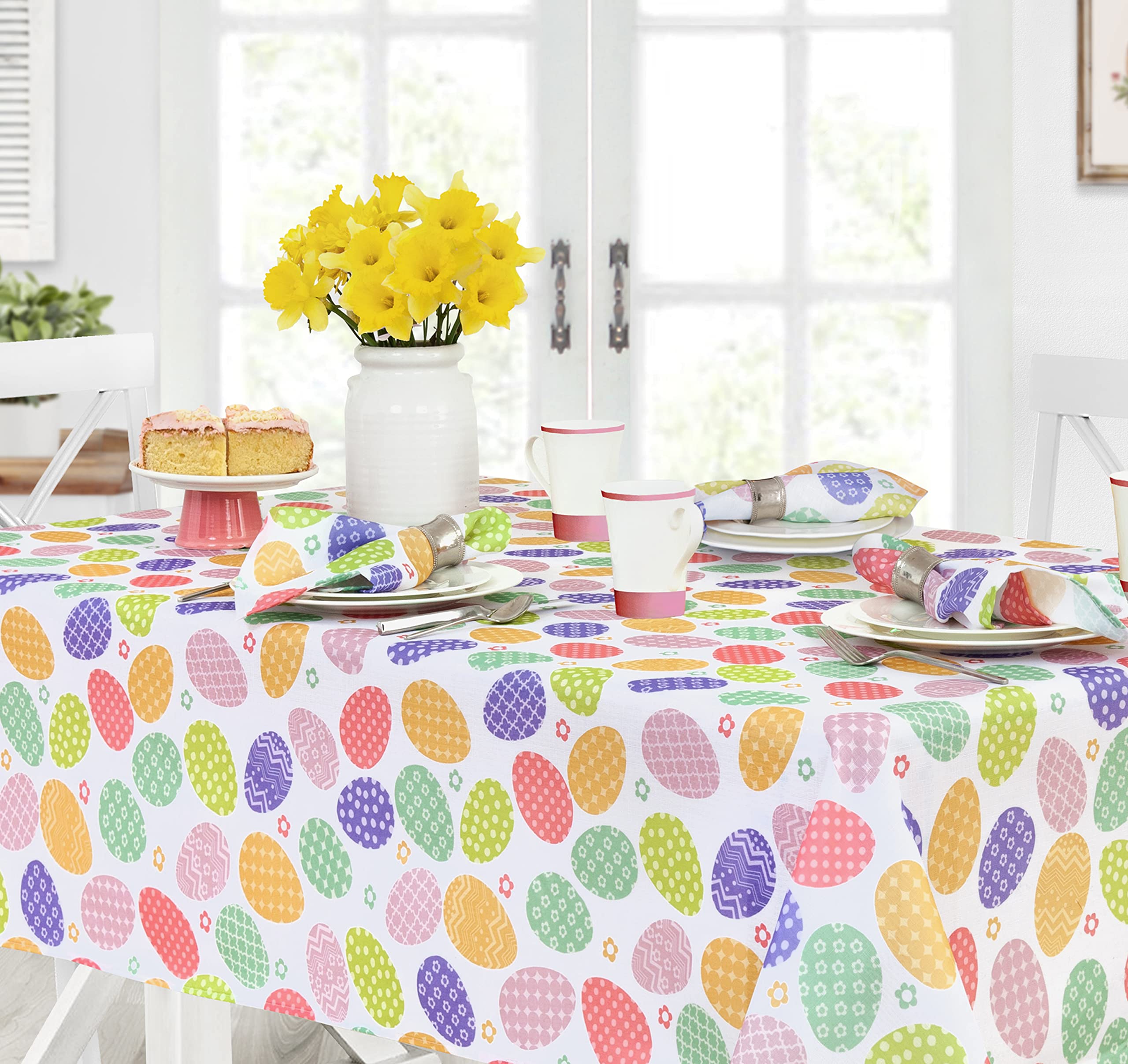 Newbridge Colored Easter Egg Hunt Fabric Tablecloth, Polka Dot and Floral Easter Eggs Winkle Free and Stain Resistant Spring Tablecloth, 70” Round - Image 5