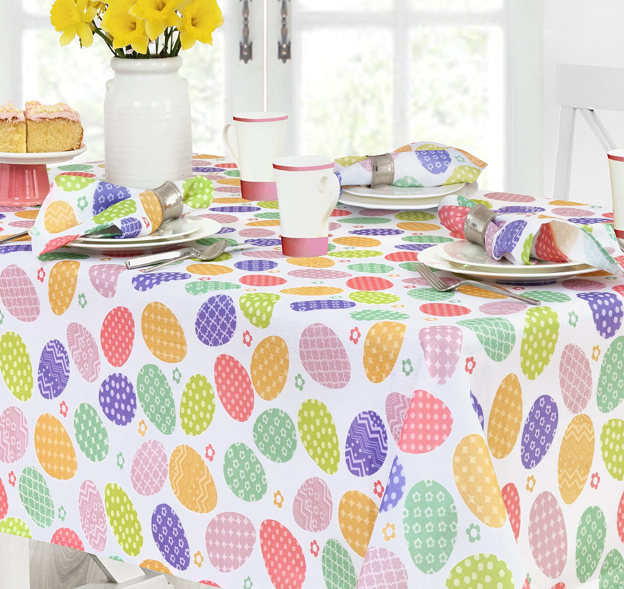 Newbridge Colored Easter Egg Hunt Fabric Tablecloth, Polka Dot and Floral Easter Eggs Winkle Free and Stain Resistant Spring Tablecloth, 70” Round - Image 6