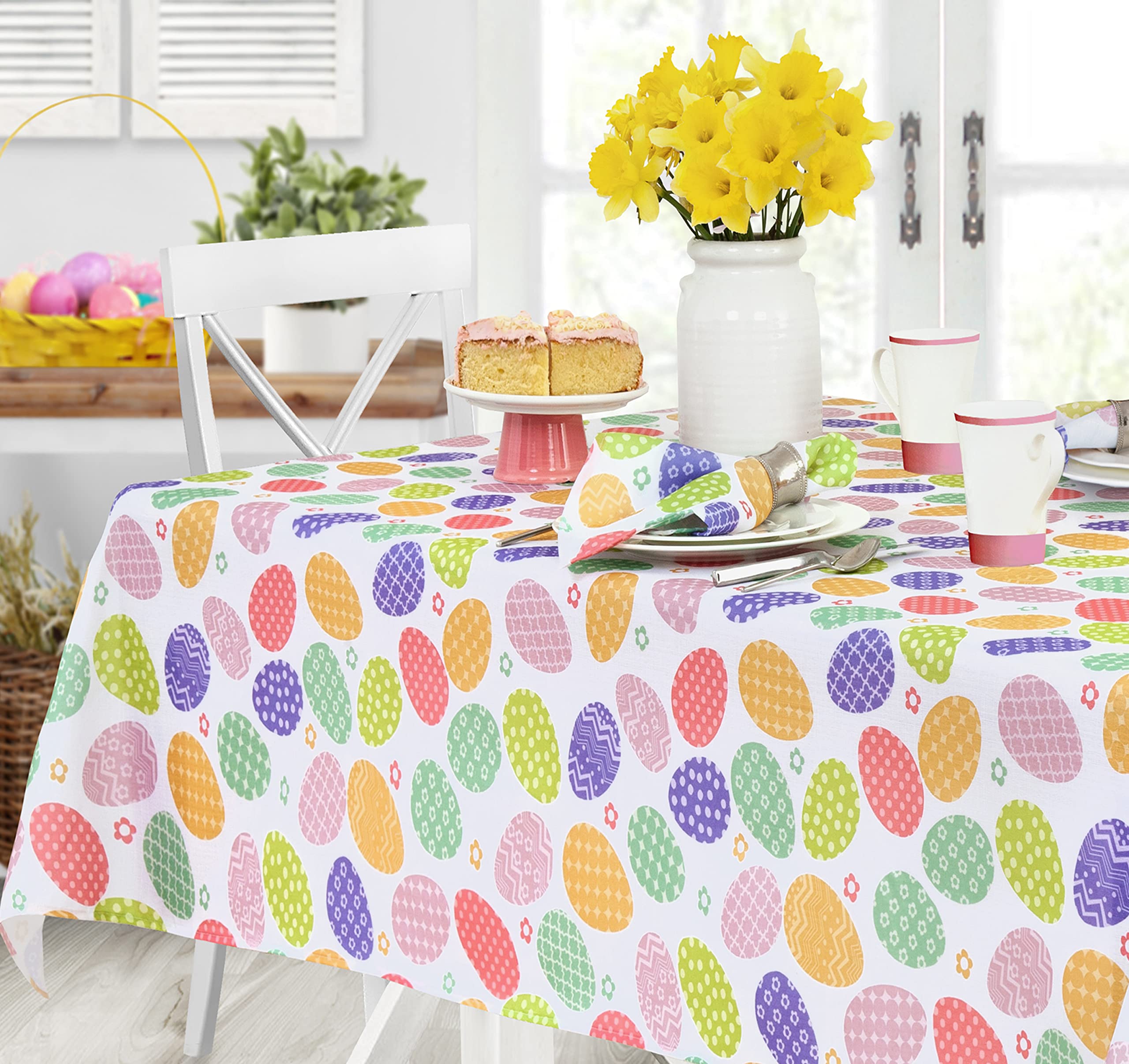 Newbridge Colored Easter Egg Hunt Fabric Tablecloth, Polka Dot and Floral Easter Eggs Winkle Free and Stain Resistant Spring Tablecloth, 70” Round - Image 7