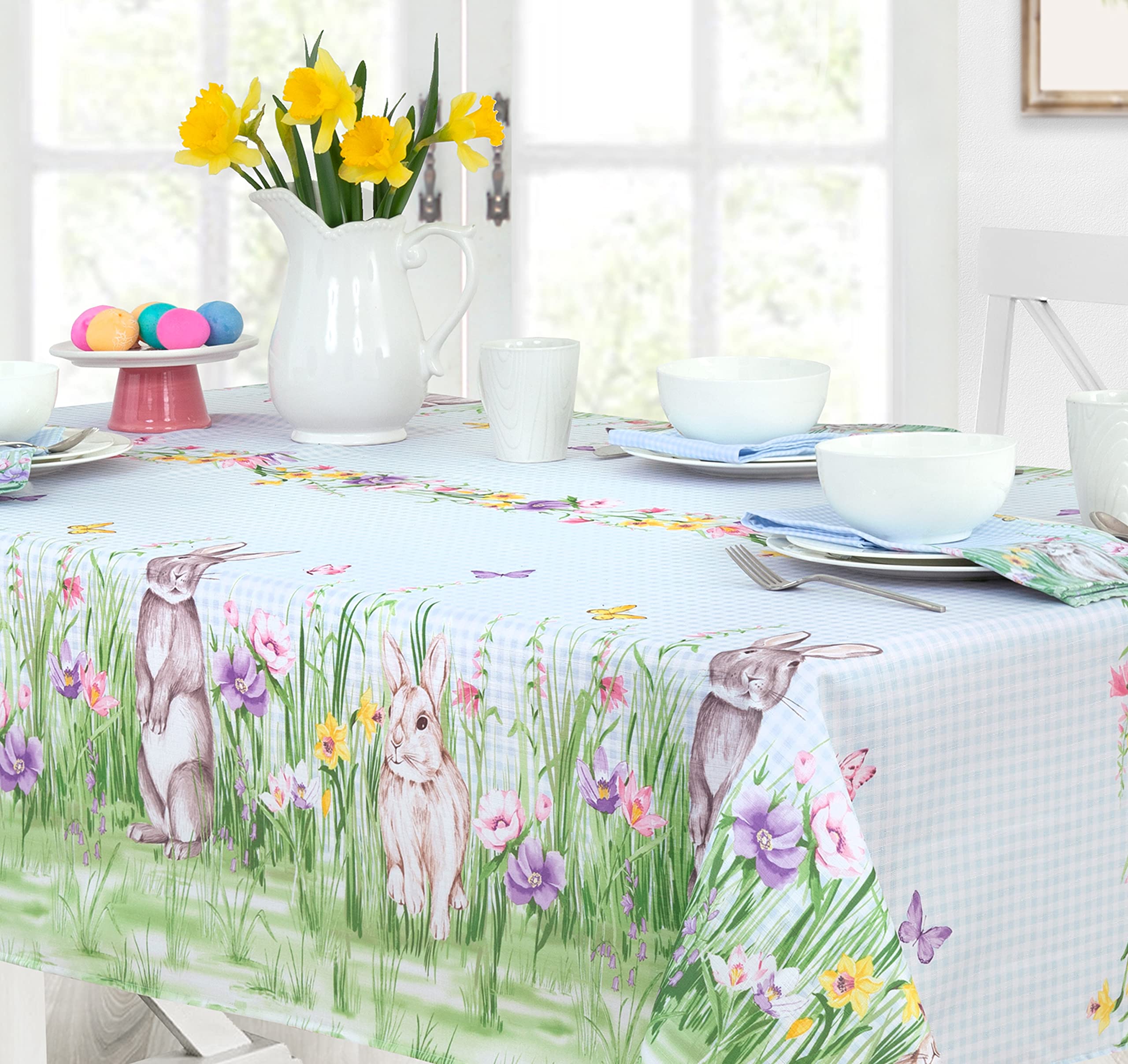 Newbridge Easter Bunny Meadow Blue Gingham Bunny Rabbit Bordered Fabric Napkins, Set of 8 Napkins - Image 5