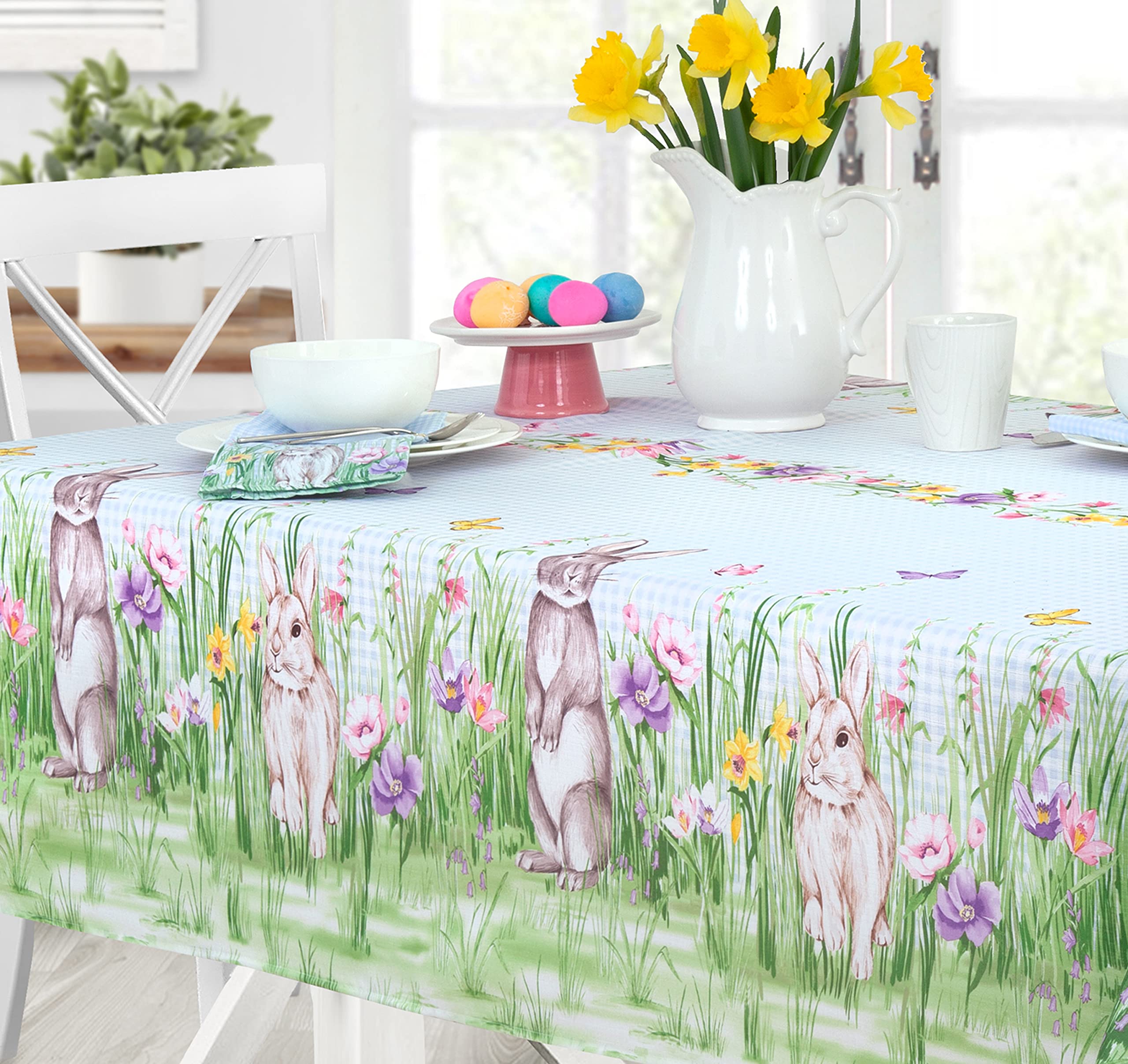 Newbridge Easter Bunny Meadow Blue Gingham Bunny Rabbit Bordered Fabric Napkins, Set of 8 Napkins - Image 7