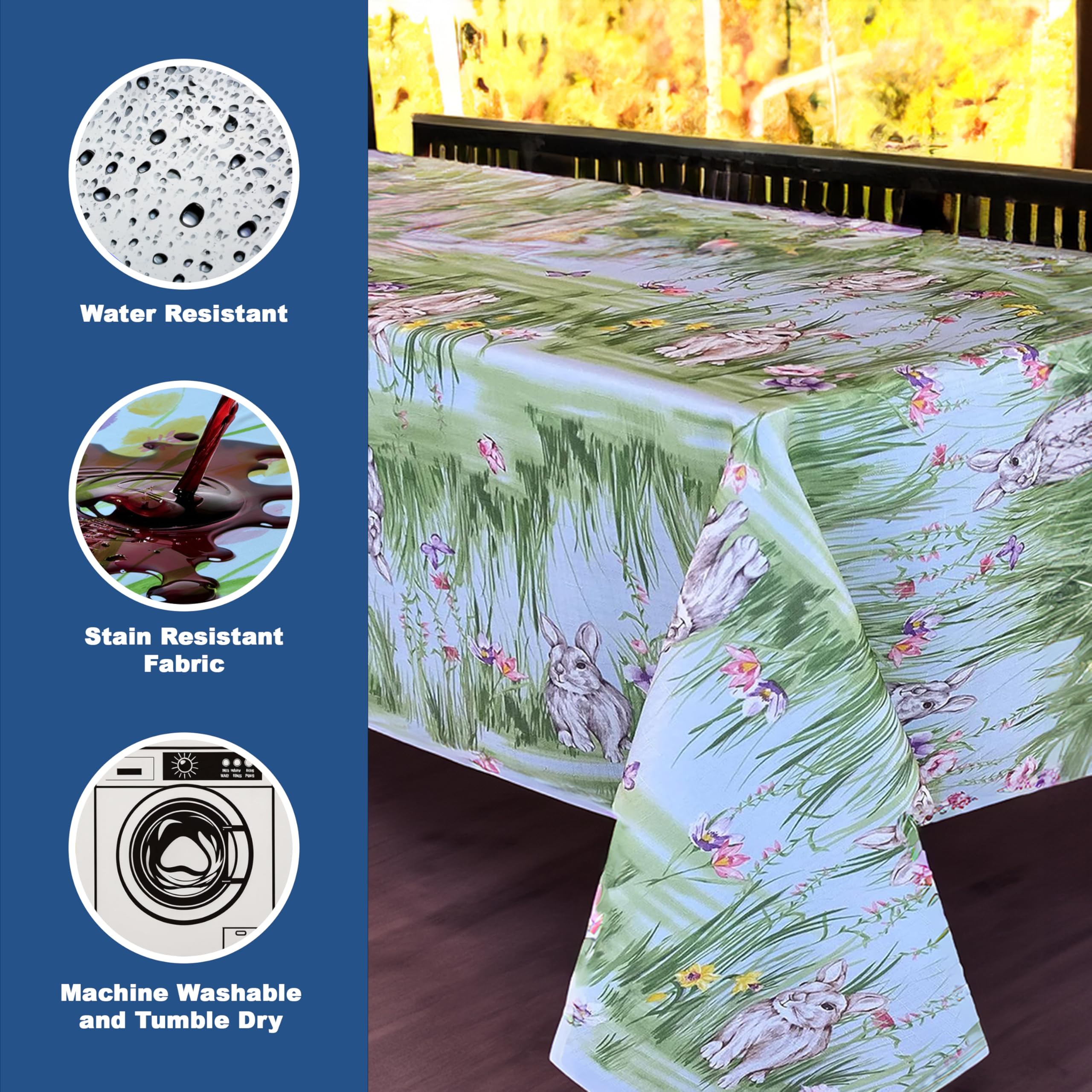 Newbridge Easter Bunny Rabbit Meadow Fabric Tablecloth, Spring Bunnies and Pastel Floral Easy Care, Stain Resistant Fabric Tablecloth, 52" x 52" Square - Image 3