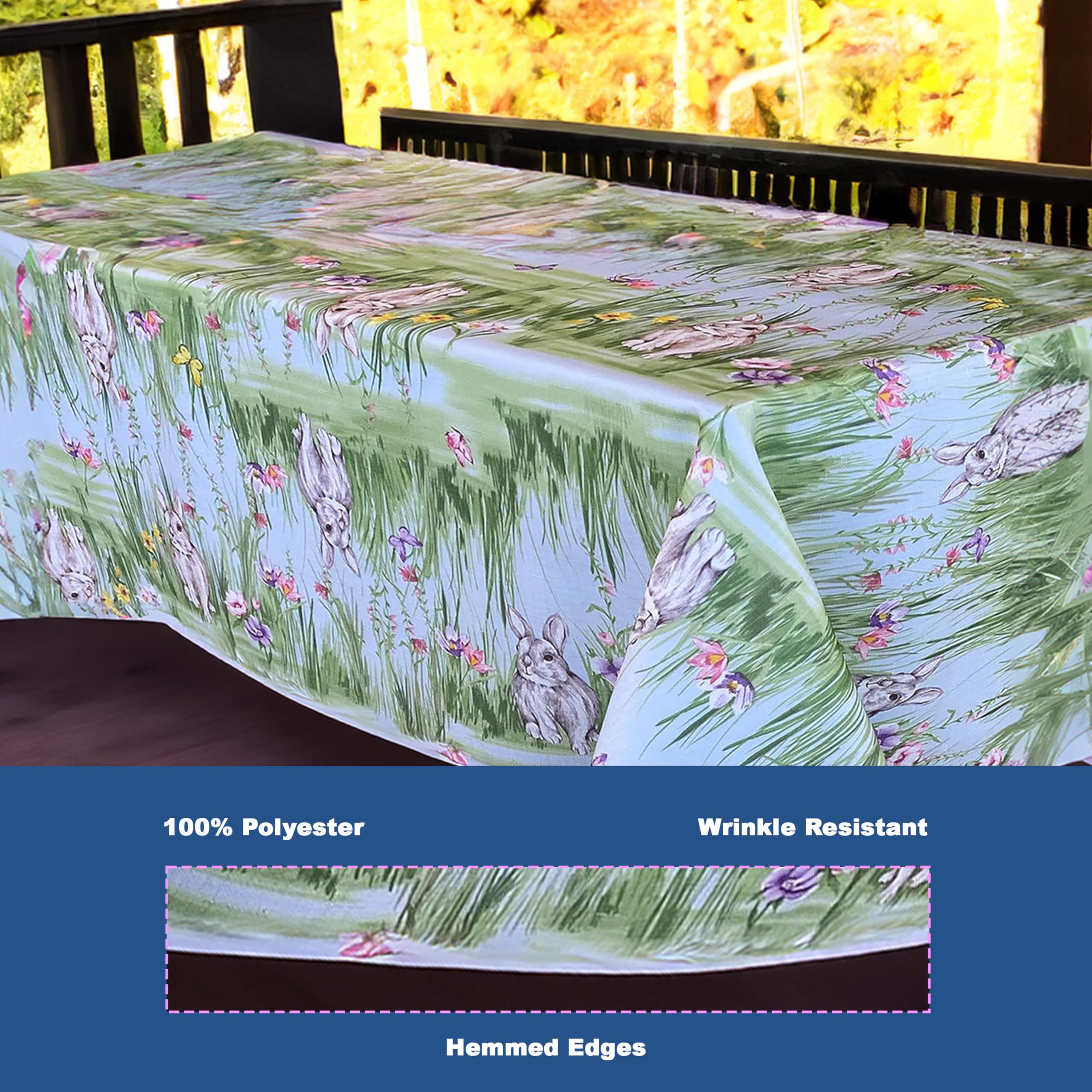 Newbridge Easter Bunny Rabbit Meadow Fabric Tablecloth, Spring Bunnies and Pastel Floral Easy Care, Stain Resistant Fabric Tablecloth, 52" x 52" Square - Image 5