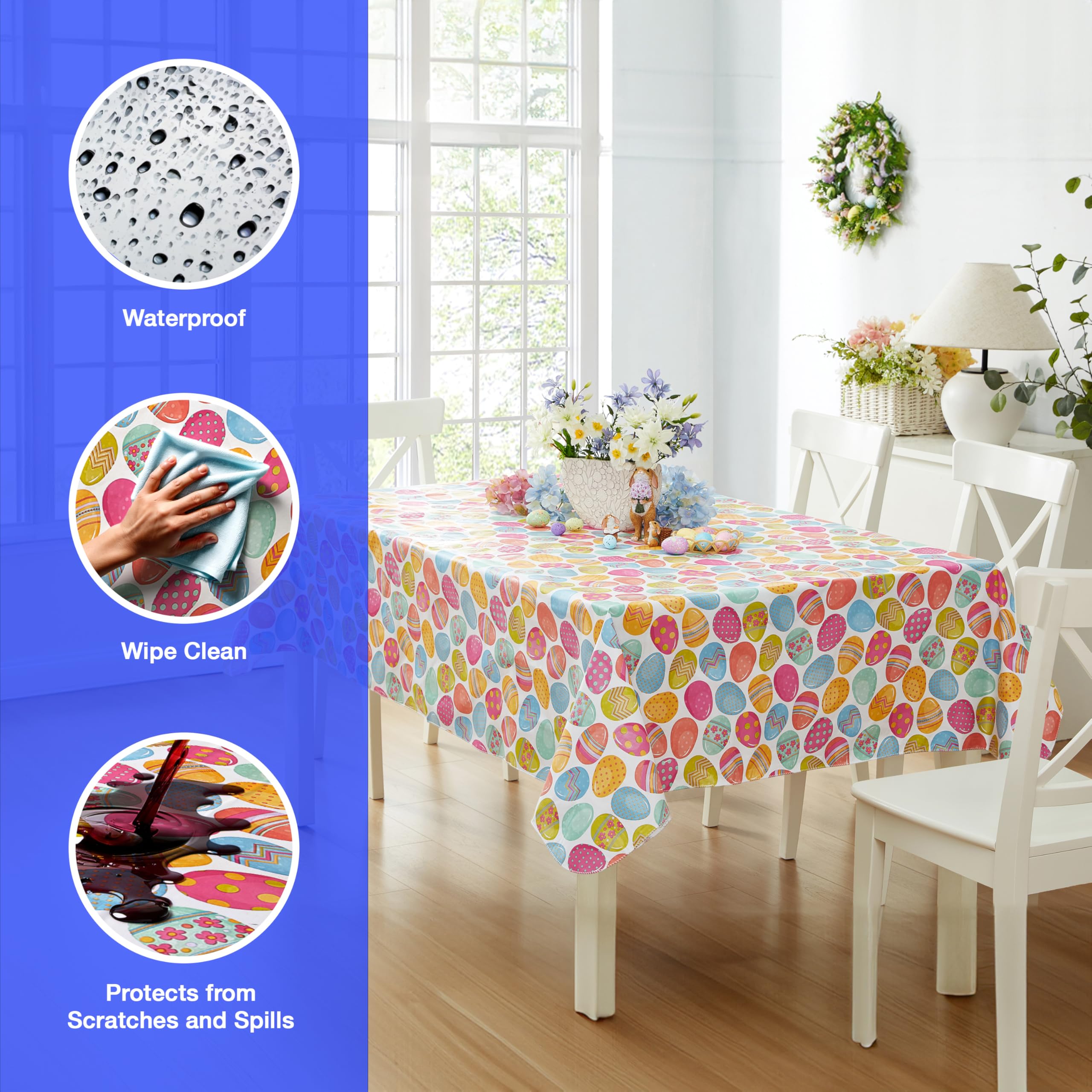 Newbridge Easter Egg Color Explosion Vinyl Flannel Backed Tablecloth, Cheerful Spring Easy Care Vinyl Tablecloth with Flannel Backing, 52 x 52 inch Square - Image 3