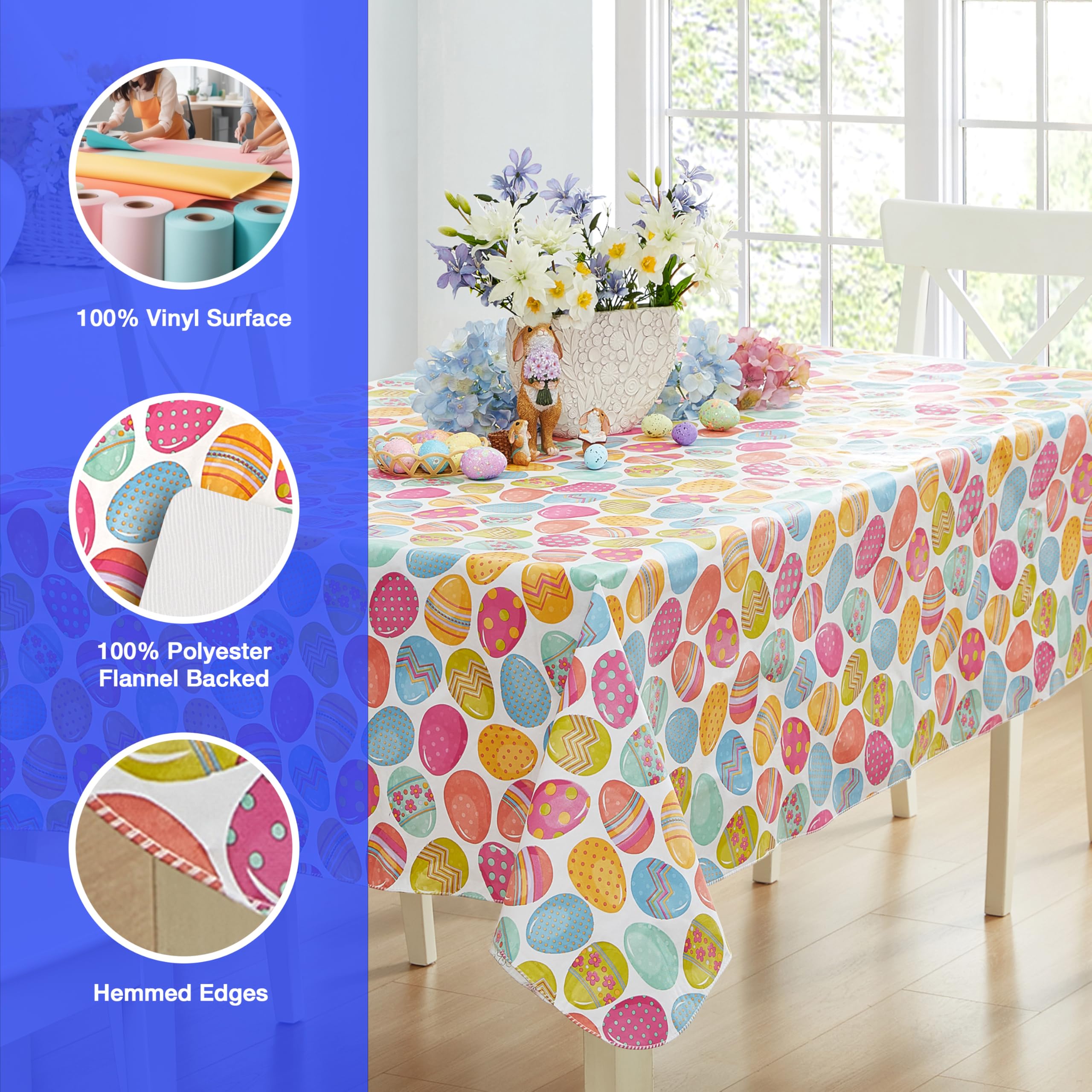 Newbridge Easter Egg Color Explosion Vinyl Flannel Backed Tablecloth, Cheerful Spring Easy Care Vinyl Tablecloth with Flannel Backing, 52 x 52 inch Square - Image 4