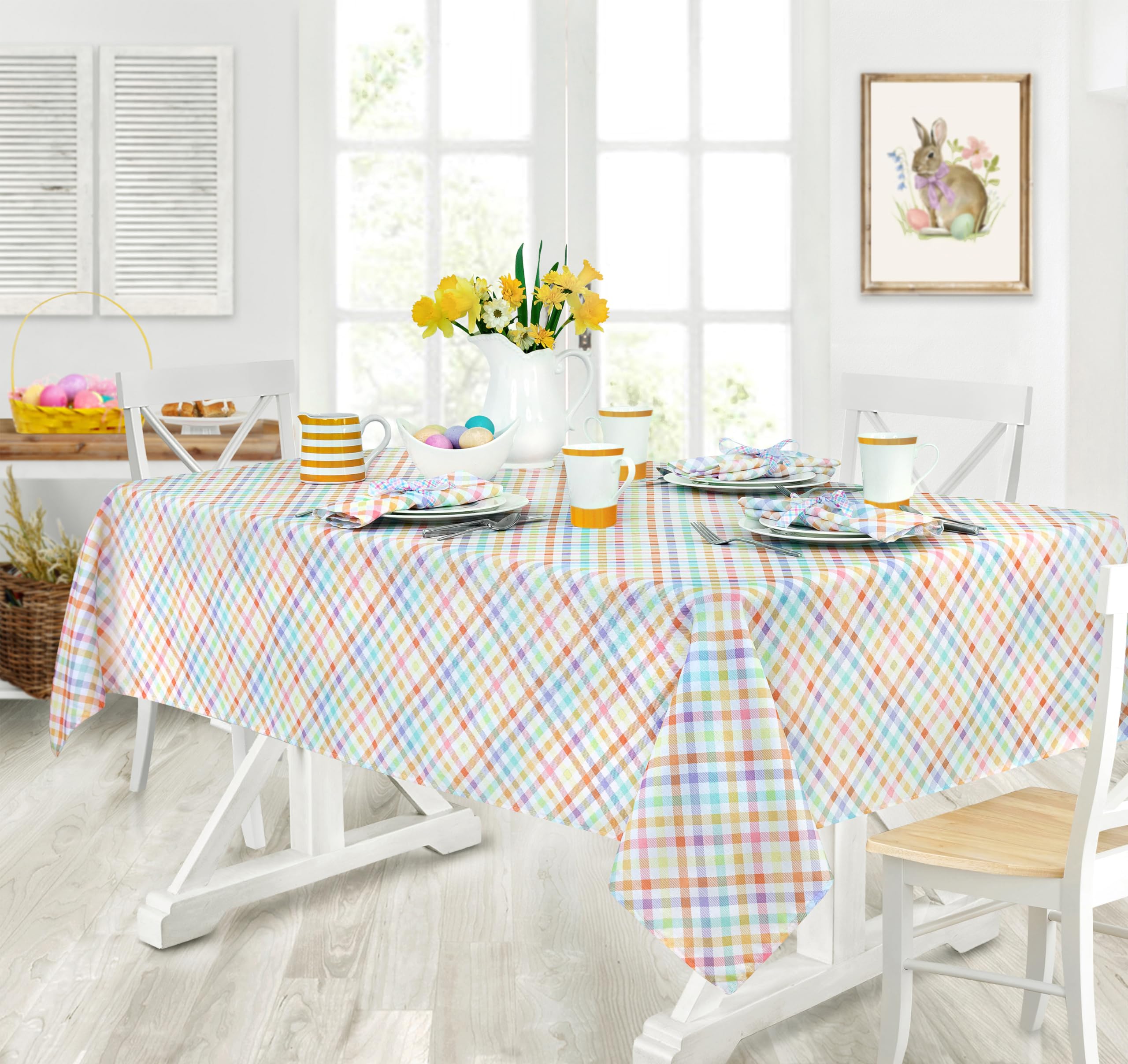 Newbridge Easter Sunshine Gingham 70 Inch Round Fabric Tablecloth, Indoor Outdoor Stain Resistant Fabric Party Table Cover for Dining, Yellow Orange and Purple Check - Image 5